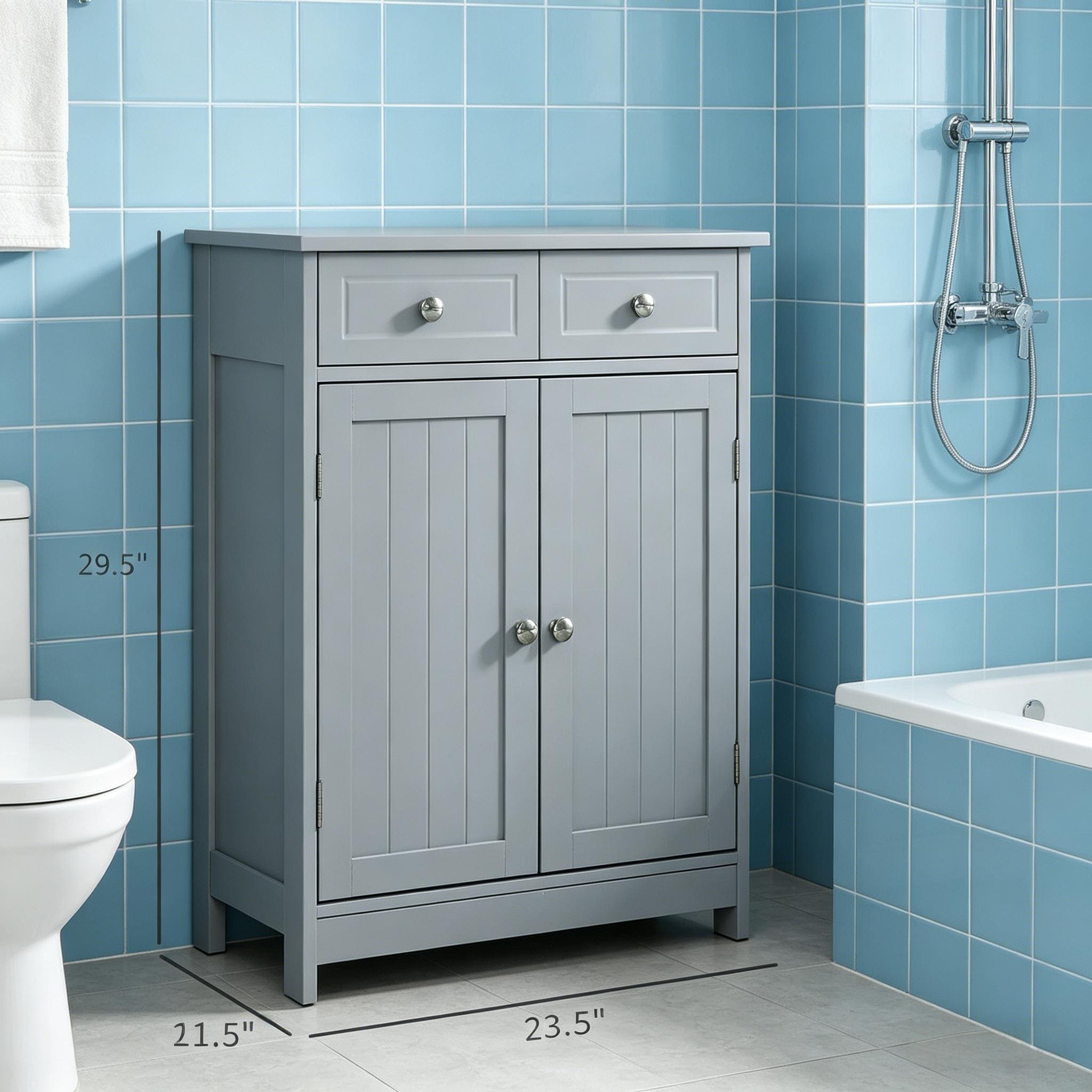 Freestanding Bathroom Floor Cabinet, Wooden Bathroom Cabinet with 2 Doors, 2 Drawers and Adjustable Shelf
