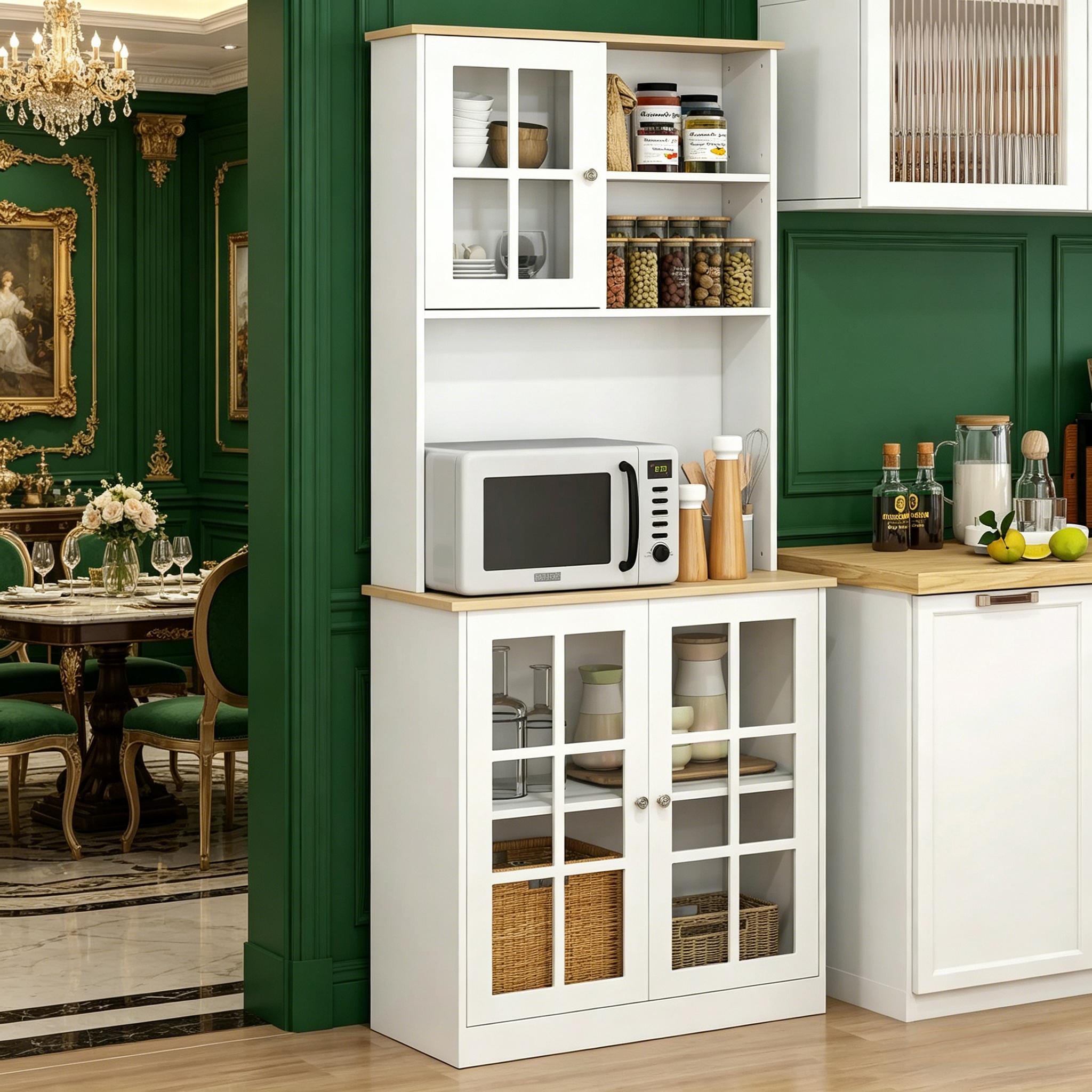 Kitchen Pantry Cabinet Freestanding Storage Cabinet with Hutch, Large Countertop, Glass Doors and Adjustable Shelves
