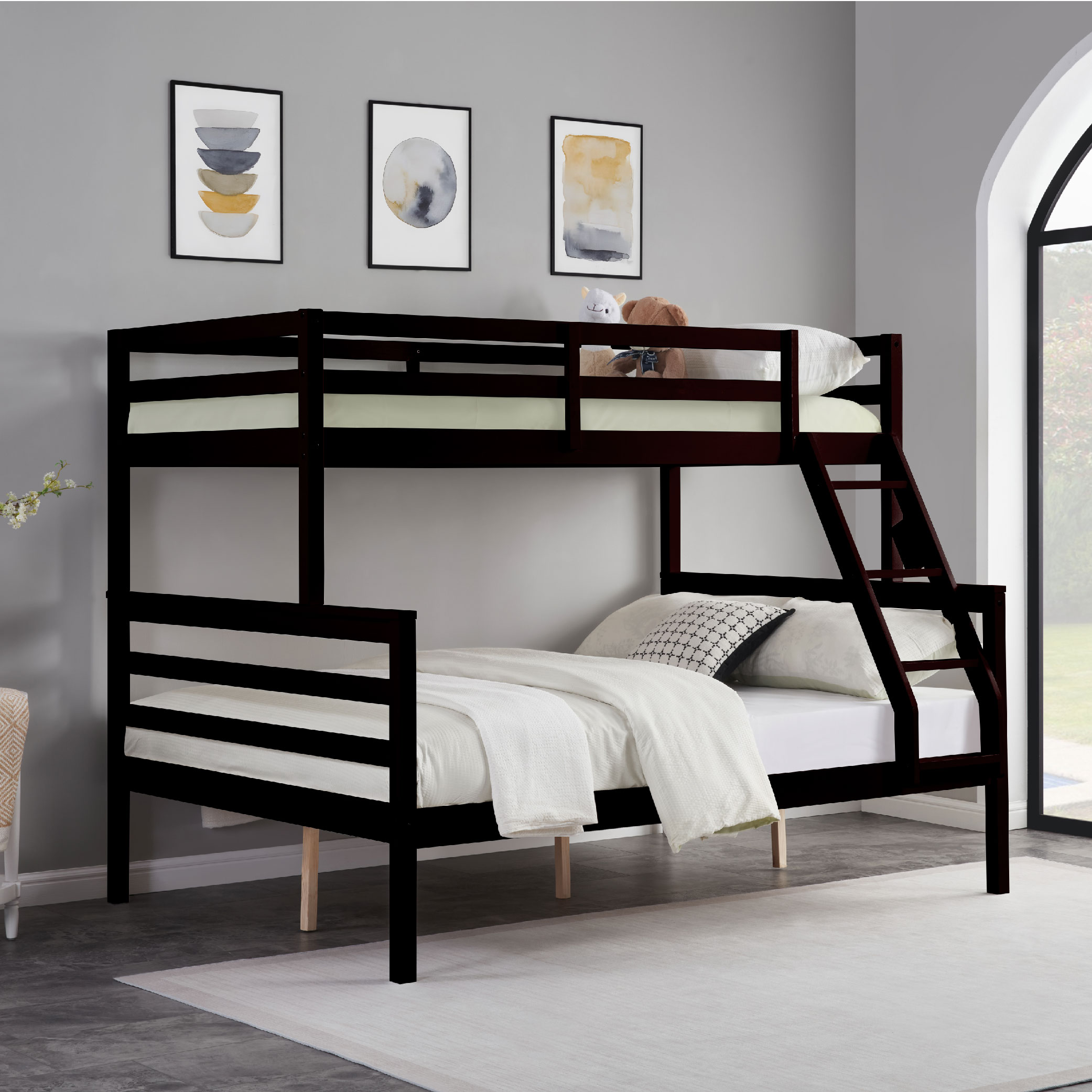 Twin over Full Bunk Bed with Ladder,Wooden Bunk Bed with High Guardrail and Ladder for Kids, Teens, Dorm Rooms, and Guest Rooms,No Box Spring Needed,Espresso