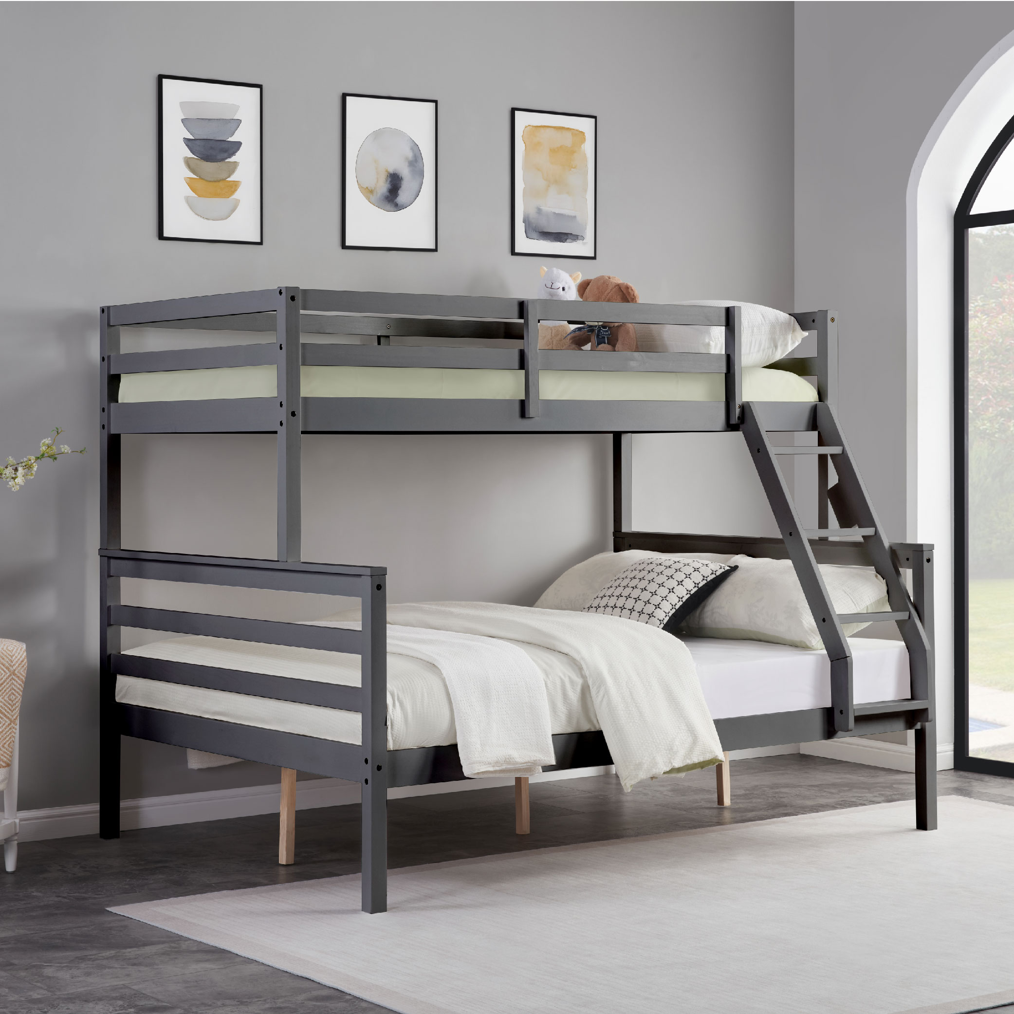 Twin over Full Bunk Bed with Ladder,Wooden Bunk Bed with High Guardrail and Ladder for Kids, Teens, Dorm Rooms, and Guest Rooms,No Box Spring Needed,Grey