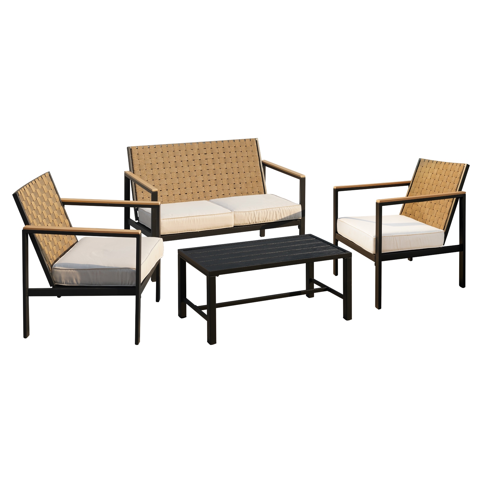 4 Pieces Metal Patio Furniture Set, Hand-Made Drawstring Outdoor Patio Conversation Sets Outside loveseat with Soft Cushion for Garden, Backyard, Porch, Poolside