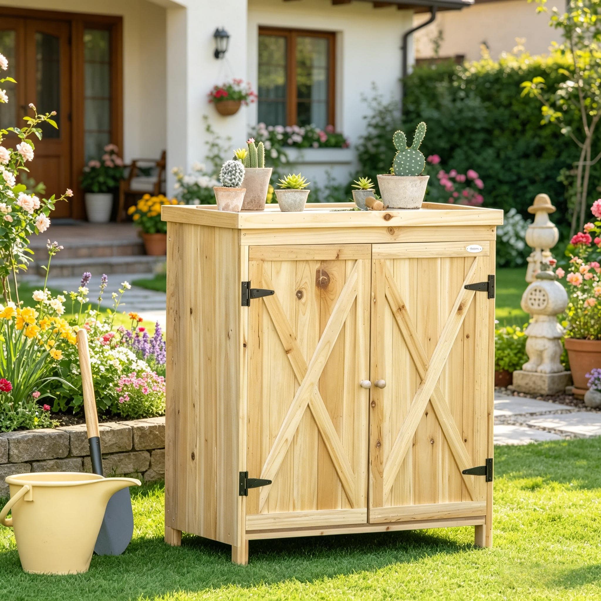 Garden Storage Cabinet, Outdoor Tool Shed with Galvanized Top and Two Shelves