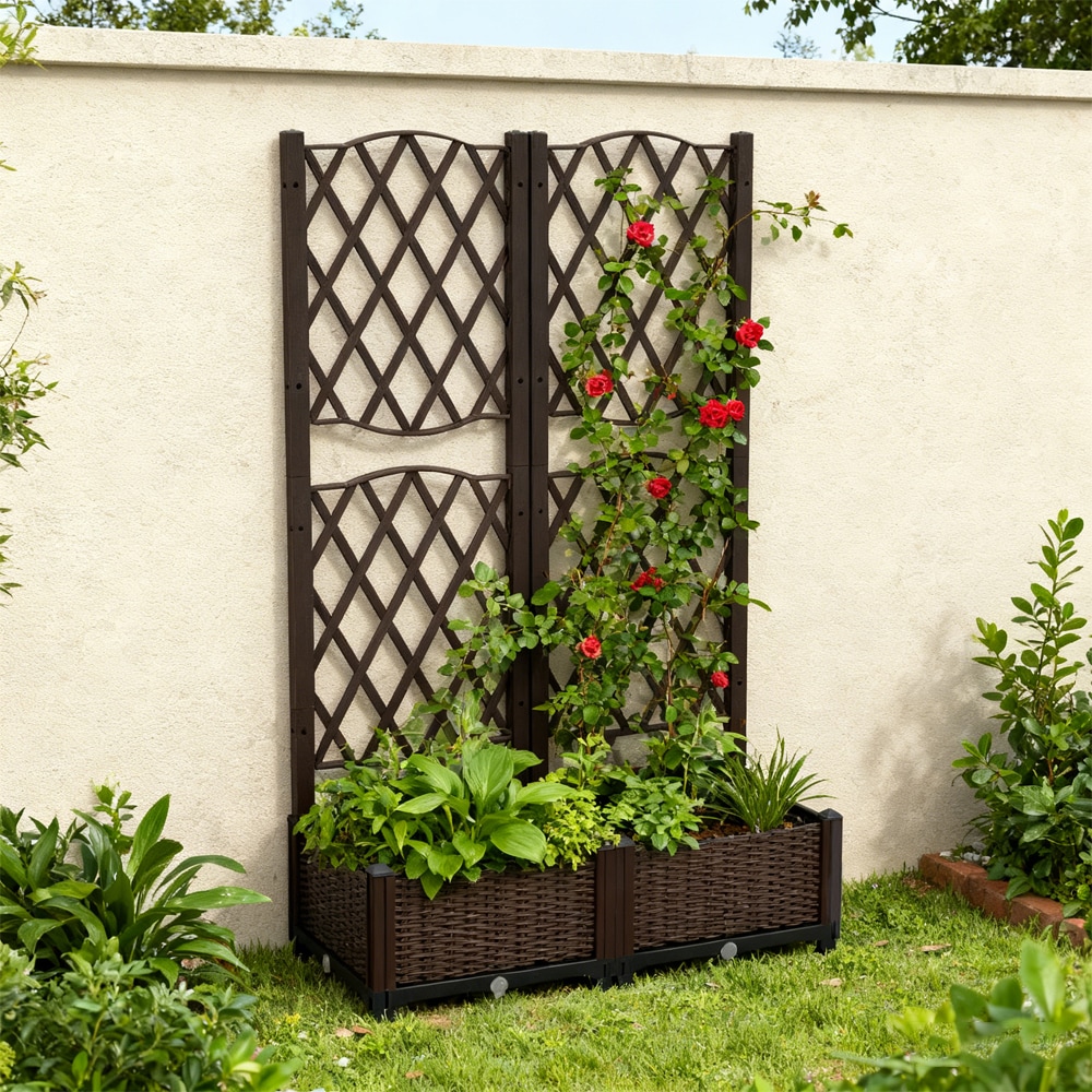 Set of 2 PE Rattan Raised Garden Bed Reinforced PP Material 32 Watering with Trellis Planter Box for Climbing Plants