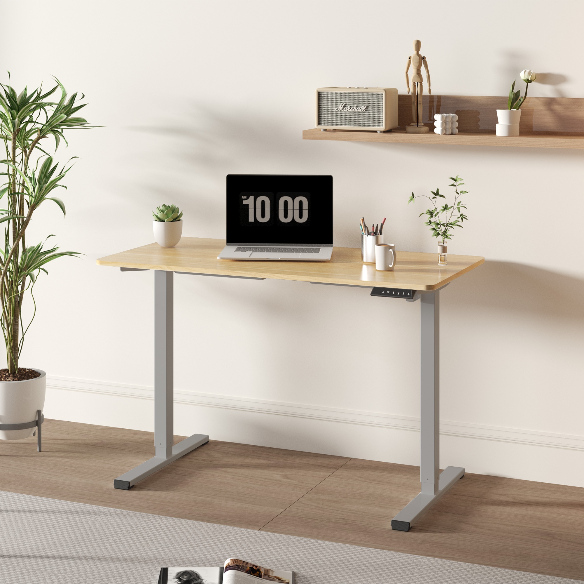 Electric Standing Desk Adjustable Height Desk Home Office Computer Workstation Sit Stand up Desk, 48 x 24 inches (grey frame + maple top)