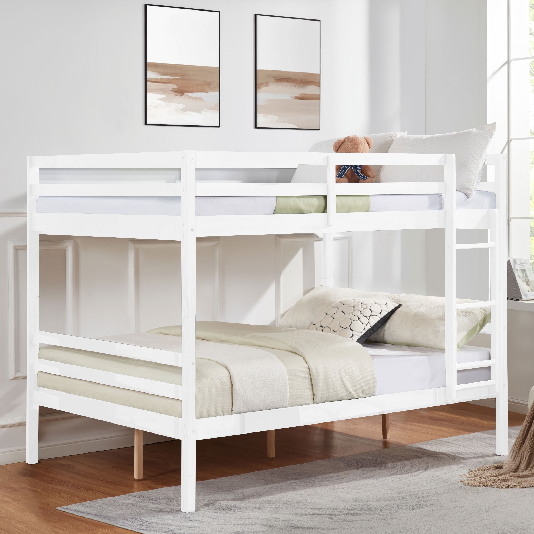 Full over Full Bunk Bed with Ladder,Wooden Bunk Bed with High Guardrail and Ladder for Kids, Teens, Dorm Rooms, and Guest Rooms,No Box Spring Needed,White