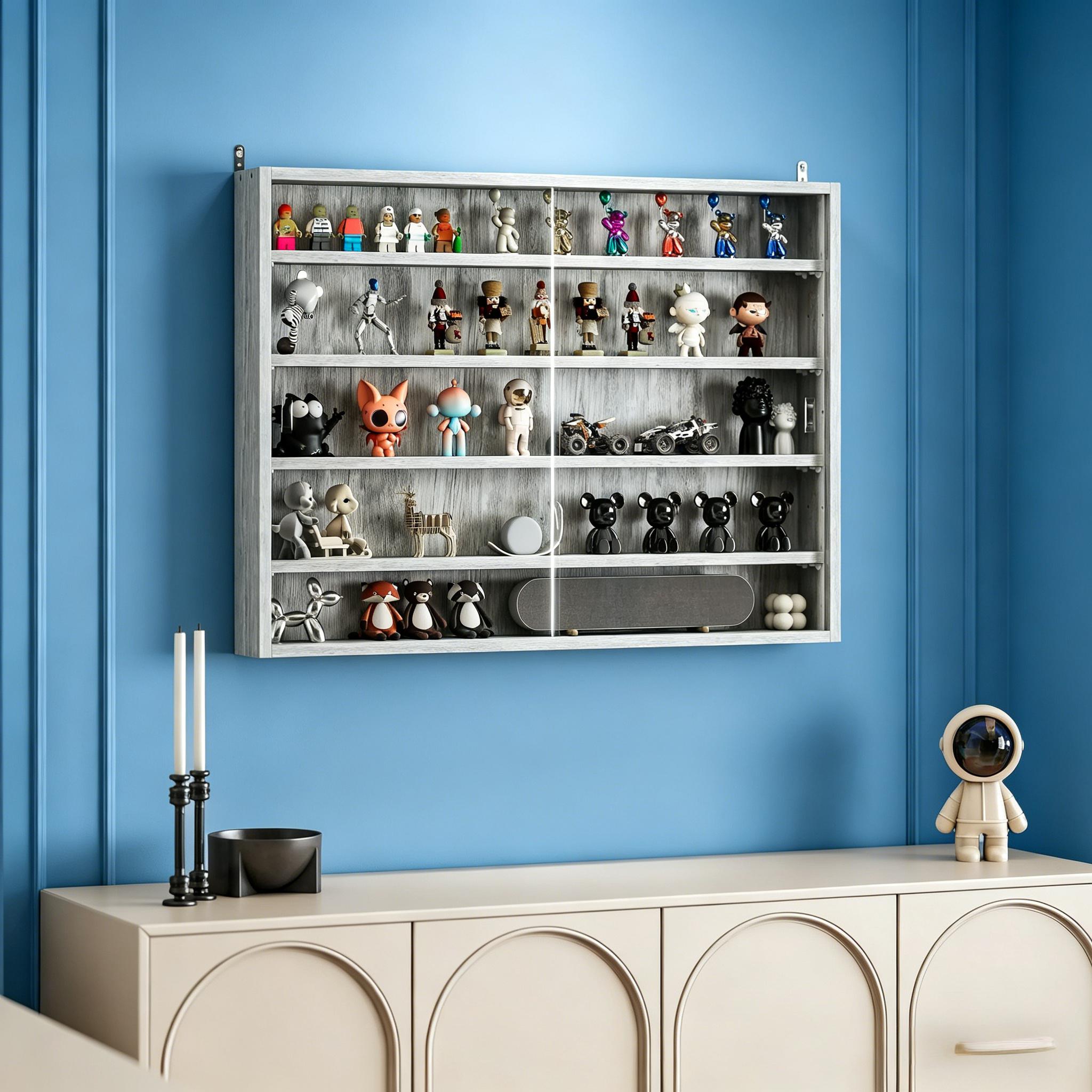 Gray 5-Tier Display Cabinet, Wall-Mounted Display Case with 2 Glass Doors and Adjustable Shelves