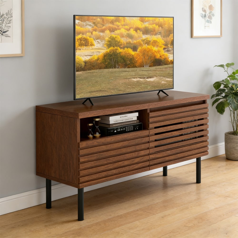 Mid Century Fluted TV Stand for 40 Inch TV Modern Entertainment Center with Compartment Hidden Cable Hole High-quality Hinges