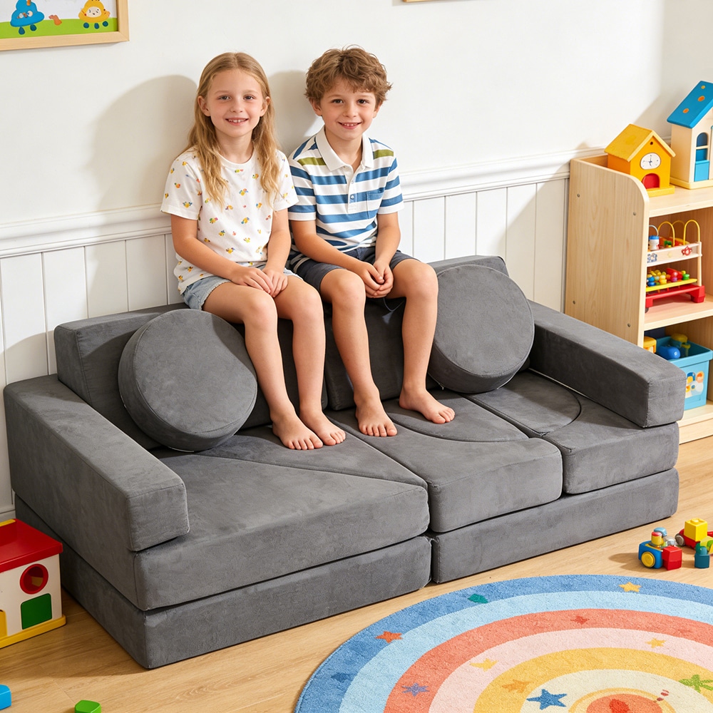 14 PCS Modular Kids Play Couch for Playroom and Bedroom Suede Fabric Covers Zipper Head Covers Protect