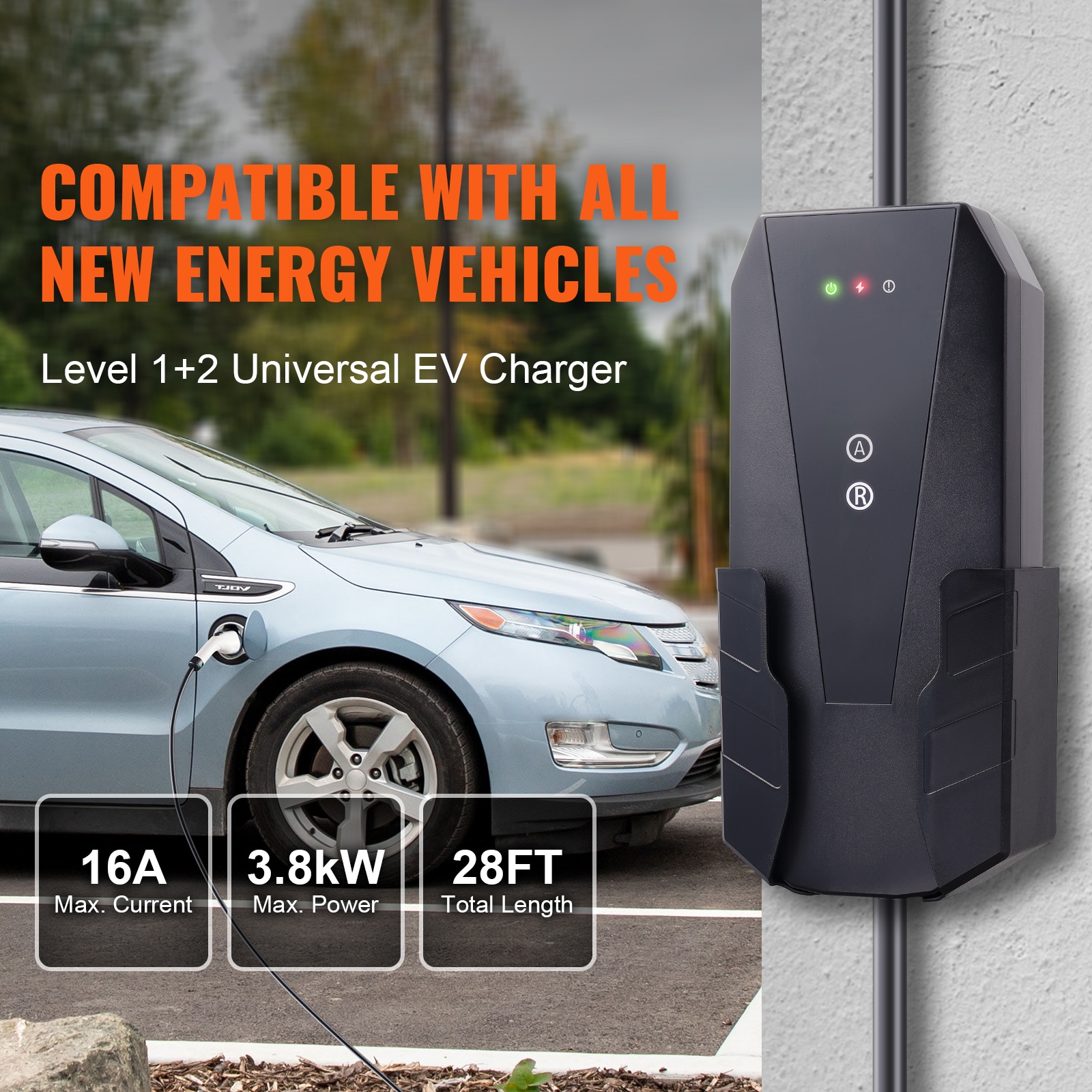 Level 1+2 Portable EV Charger, 16 Amp 120V or 240V, Electric Vehicle Charger with 28-Foot Charging Cable NEMA 6-20P Plug NEMA 5-15 Adapter, Plug-in Home EV Charging Station for SAE J1772 EVs