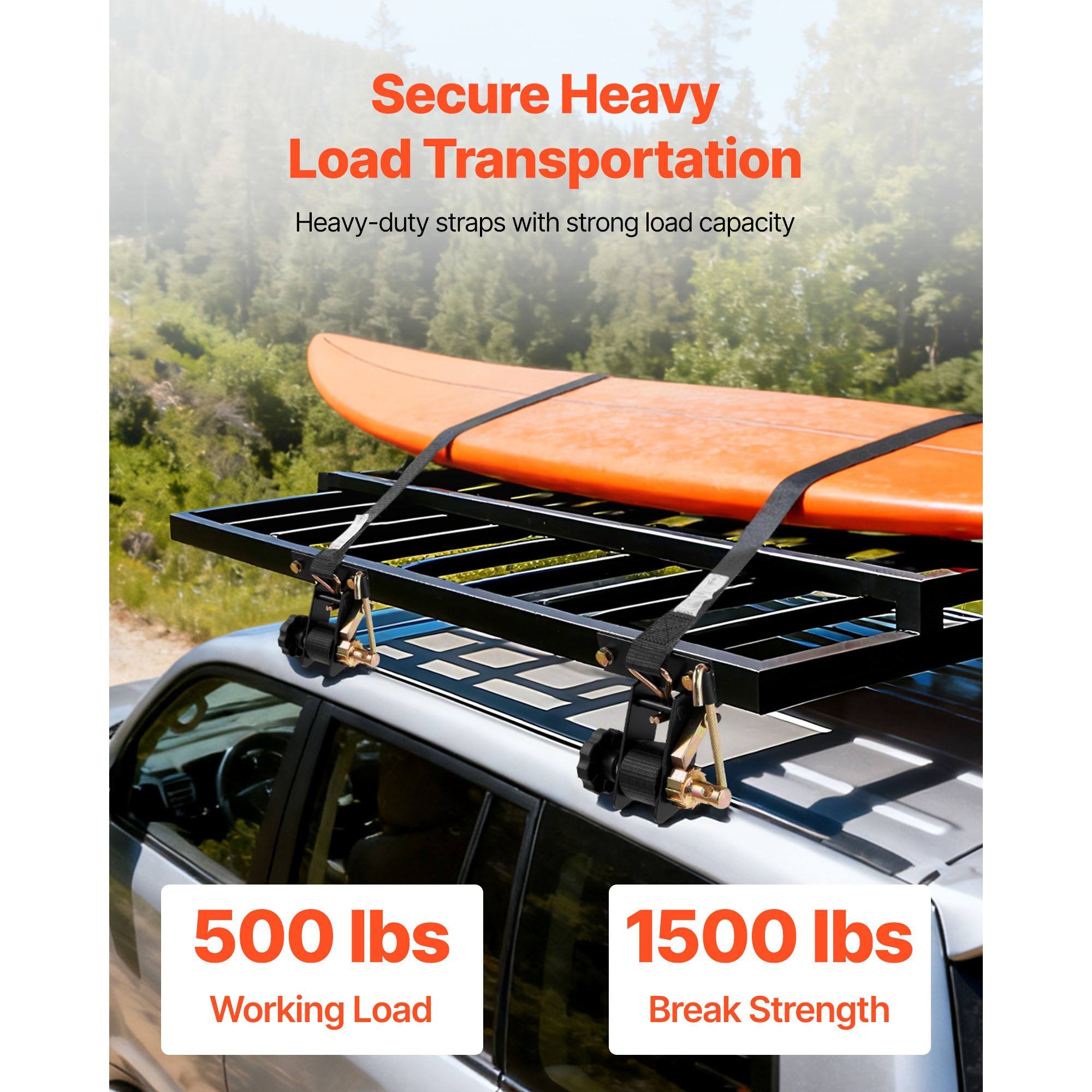 Ladder Rack Ratchet Straps, Black Square Tube Mount, 1.5 in Wide x 7.4 ft Long Black Ladder Rack Straps with Double J-Hooks, 500 lbs Load Heavy Duty, Cargo Buckle Lock Strap (4 Pack)