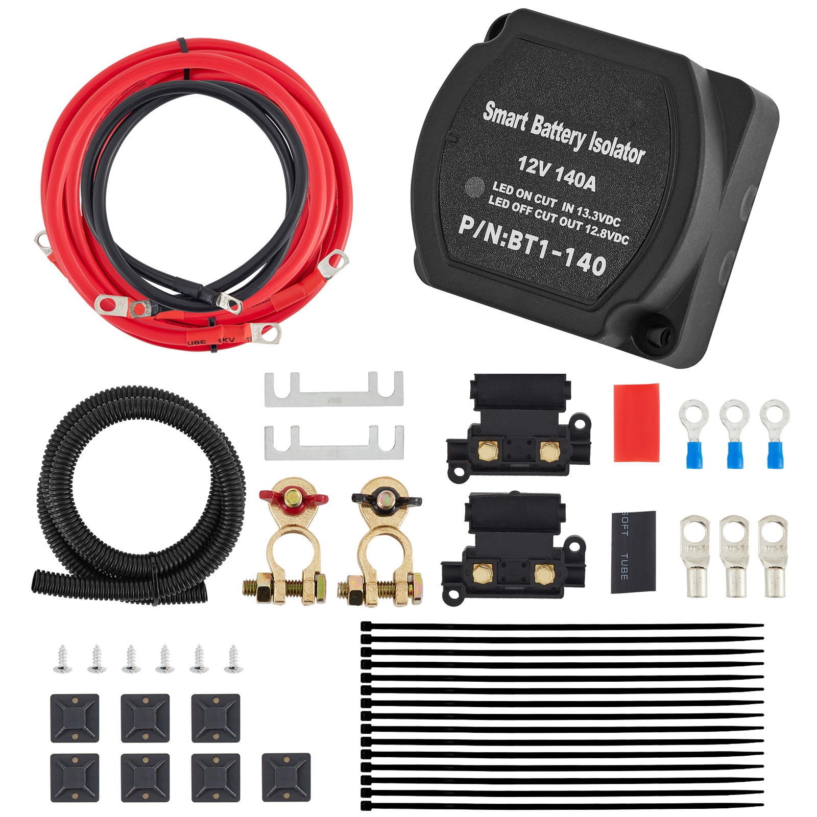 Split Charge Relay Kit, 6mtr 12V, Automatic Dual Battery Isolator Kit with 140AMP Voltage Sense Relay VSR, Compatible with RV Marine Car Vehicle Truck Caravan Camper Yacht ATV UTV Boats Workshop
