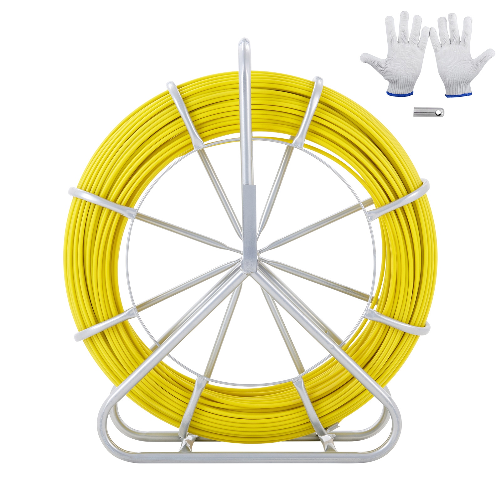 Fish Tape Fiberglass, 425 ft, 1/4 inch, Duct Rodder Fishtape Wire Puller, Cable Running Rod with Steel Reel Stand, 3 Pulling Heads, Fishing Tools for Walls and Electrical Conduit, Non-Conductive