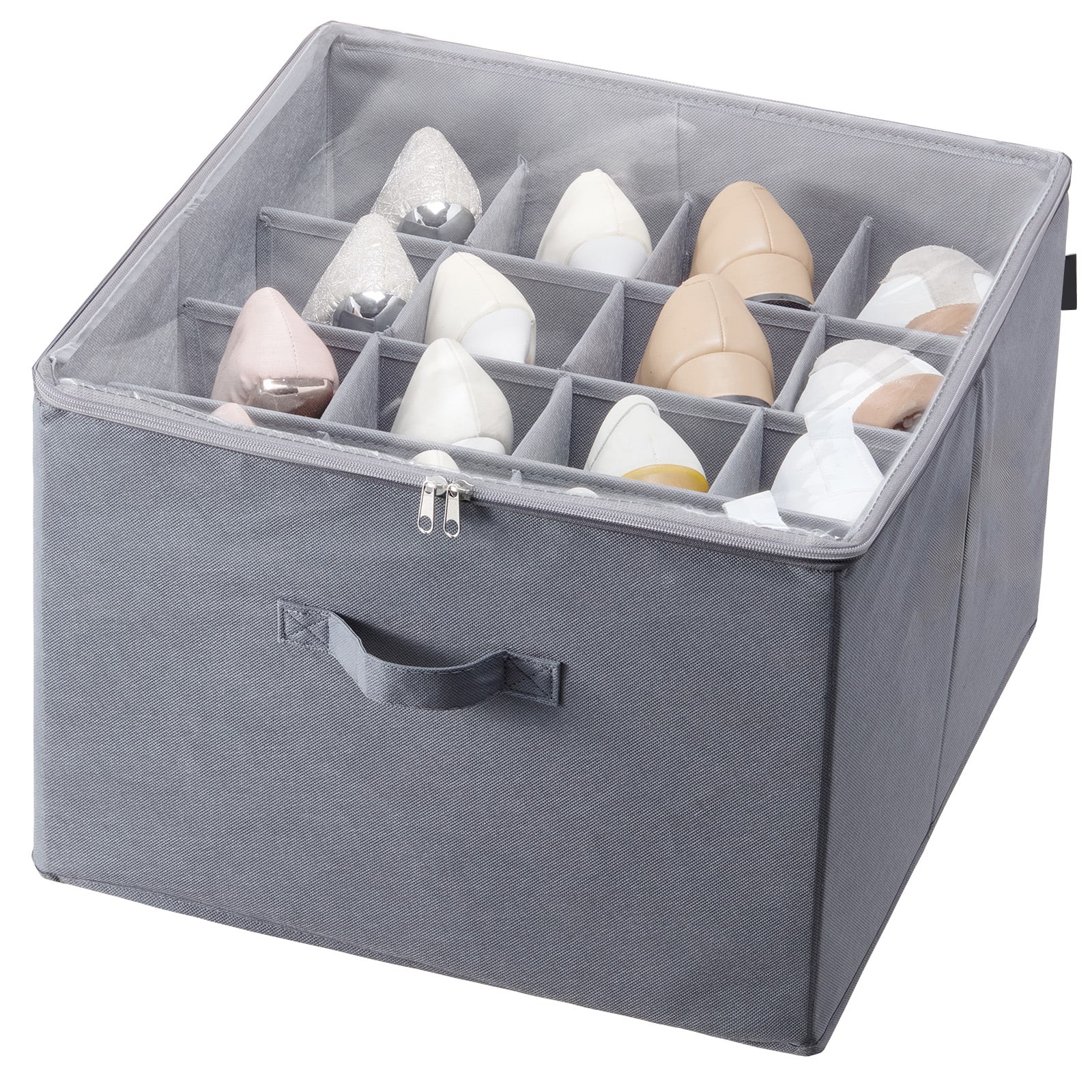 Under Bed Shoe Storage Organizer, 1 Pack, 16 Compartments, Underbed Shoe Box Storage Containers Adjustable Dividers, Sandal Organizer Storage with Clear Window, Breathable, Reinforced Handles