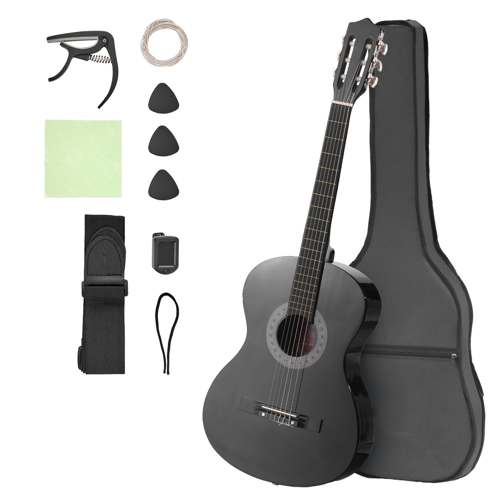 Classical Guitar, 38 Inch, Wood Classical Guitar Starter Kit for Beginners, with Nylon Strings, Gig Bag, Strap, Tuner, Extra Strings, Picks, Capo, Basswood, for Teenagers Adults Students, Black