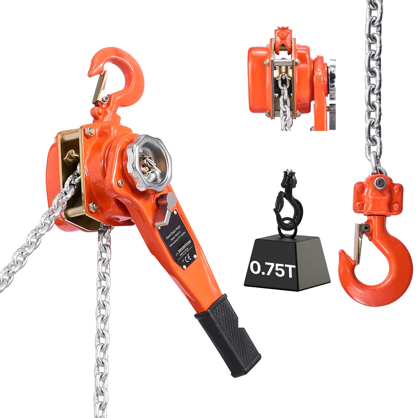 手动杠杆链式 hoist，3/4 吨 1650 磅承重重型拉链，10 英尺起重 G80 合金钢链，双爪机械制动，360° 可旋转钩，适用于仓库、建筑、车库