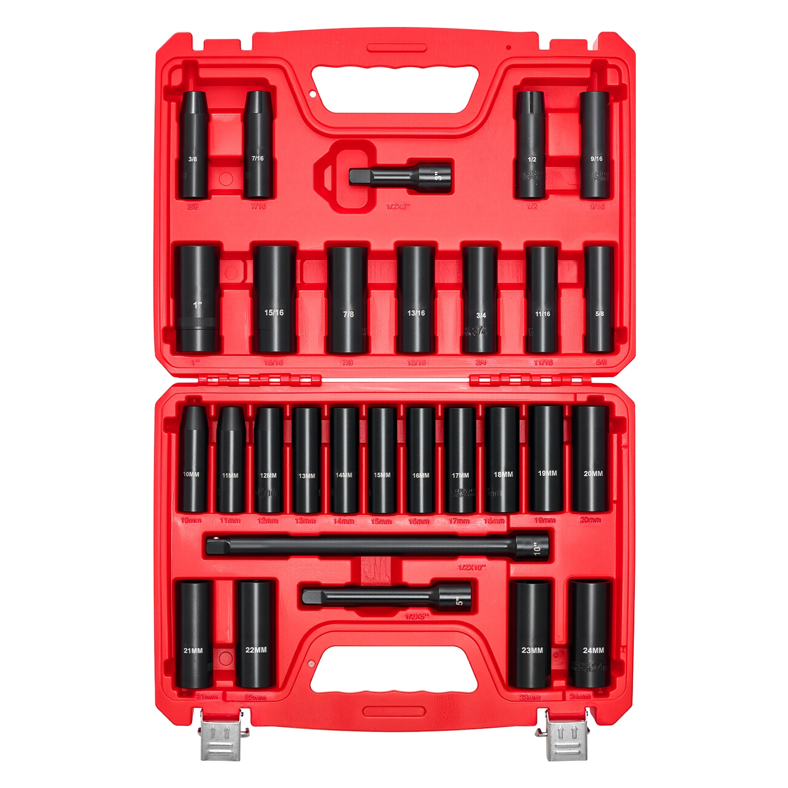 1/2 in Drive Impact Socket Set, 29 Piece, 6 Point Deep Impact Sockets, SAE (3/8 to 1 inch) and Metric (10 to 24 mm) Sizes with Extension Bars (3, 5, 10 in), Cr-V Steel, Heavy Duty Carrying Case