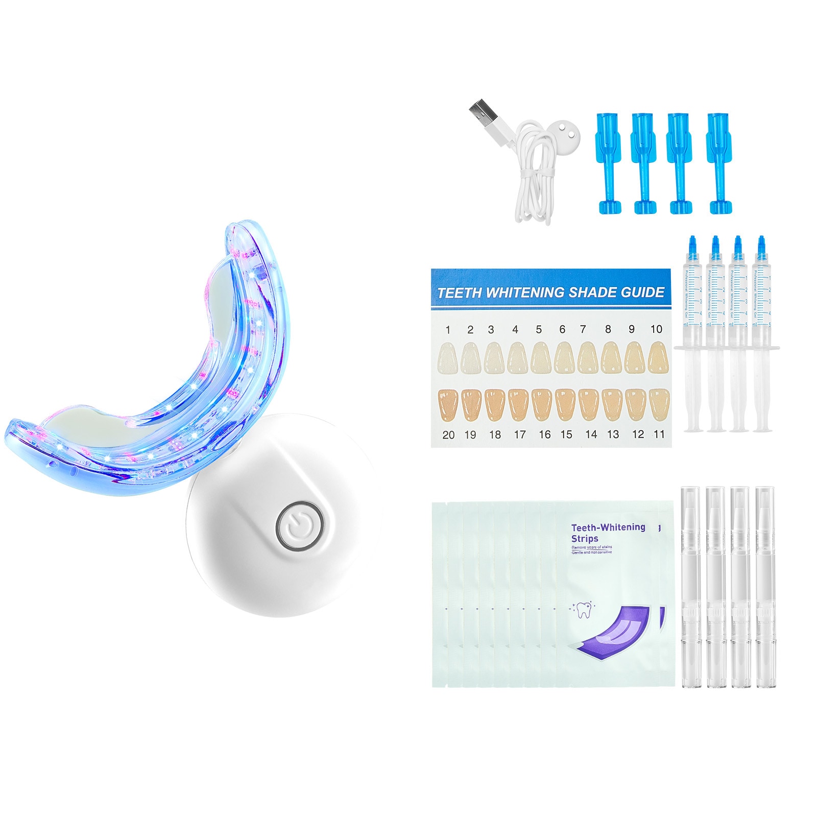 Teeth Whitening Kit with LED Light, 32 LED Accelerator Lights, Whitening Strips, Pens and Gel Syringes, U-Shaped Tray, Wireless Portable Kit Fast and Effectively Removes Stubborn Stains