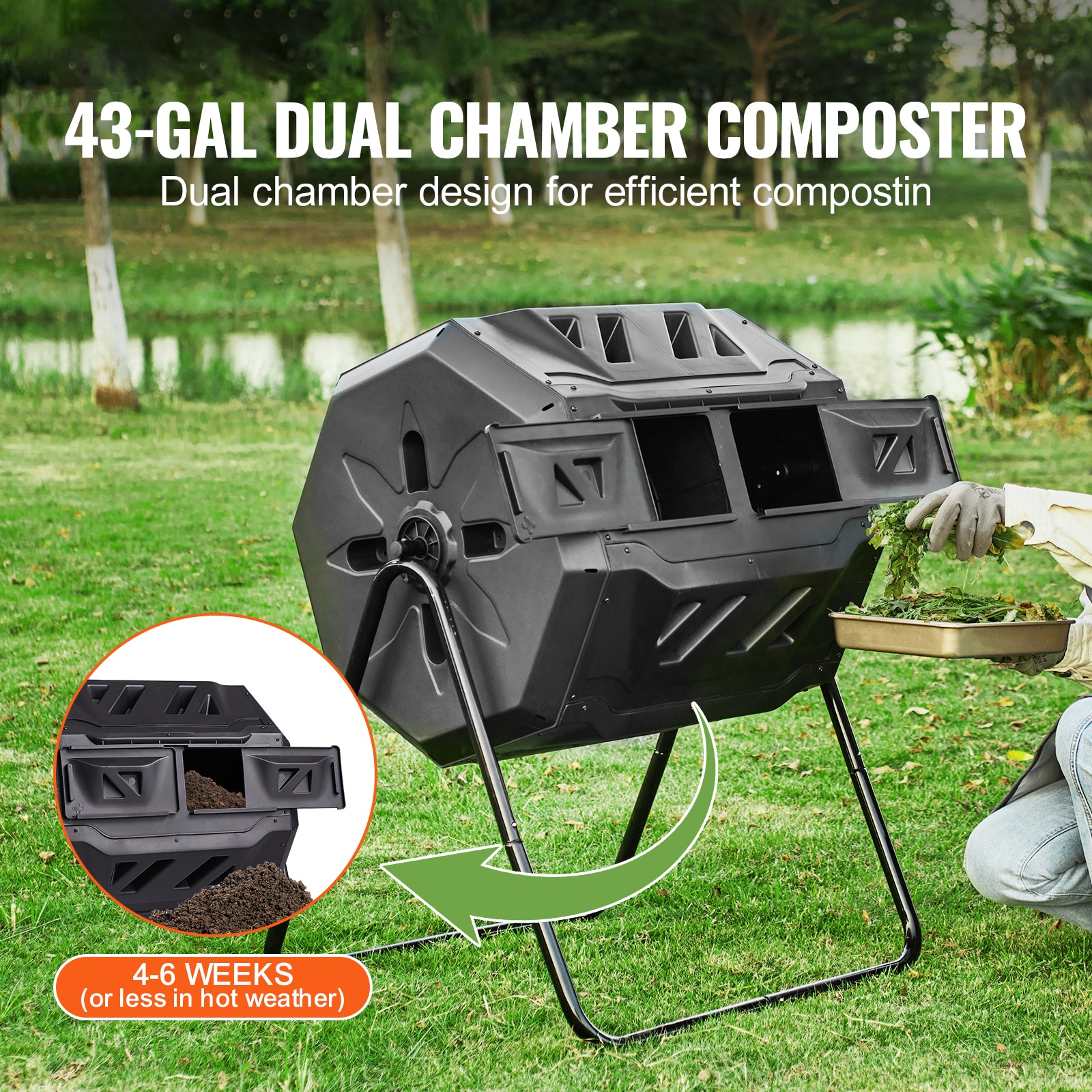 Compost Bin, 43-Gal Dual Chamber Composting Tumbler, Large Tumbling Rotating Composter with 2 Sliding Doors and Steel Frame, BPA Free Composter Bin Tumbler for Garden, Kitchen, Yard, Outdoor