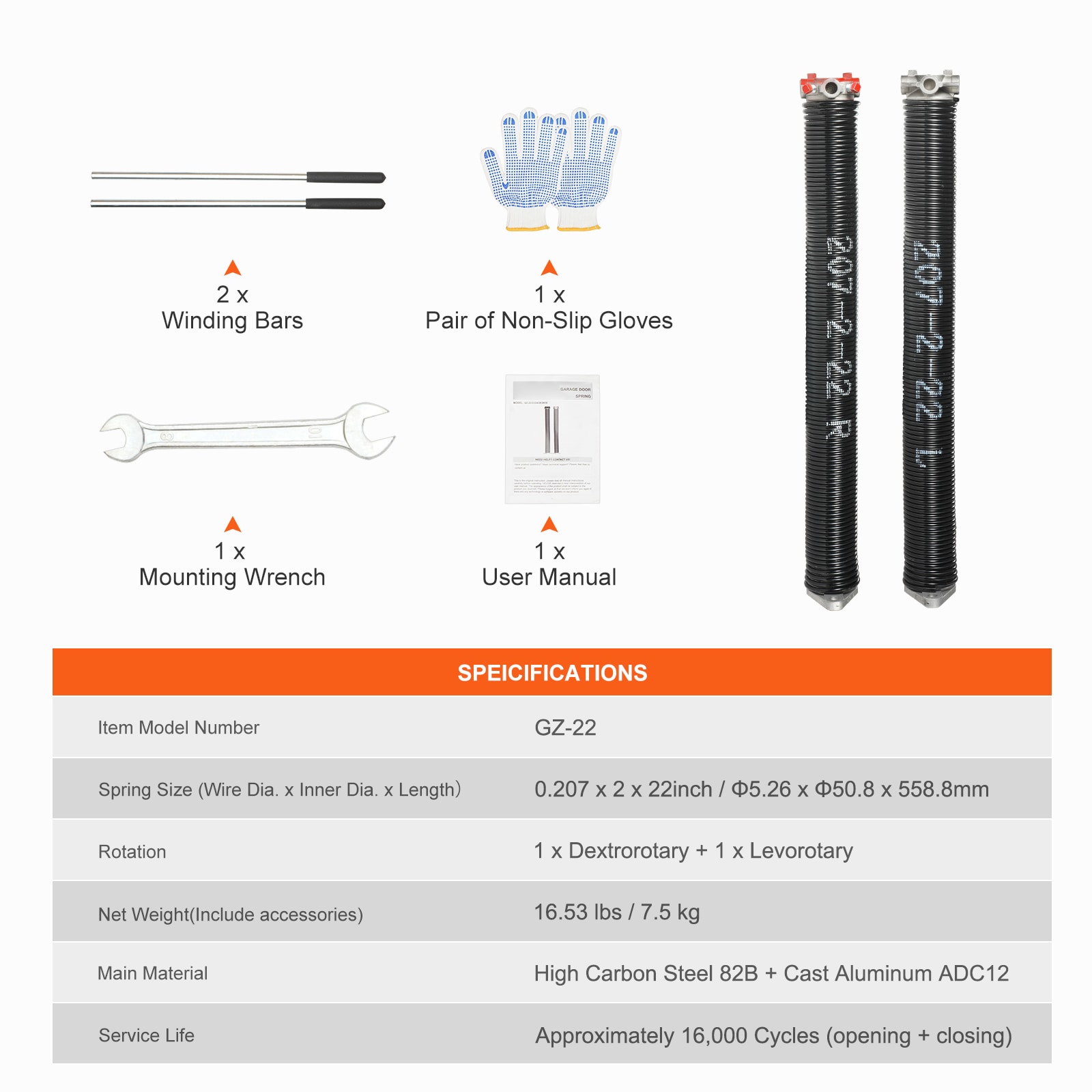 Garage Door Torsion Springs, Pair of 0.207 x 2 x 22inch, 16000 Cycles, Garage Door Springs with Non-Slip Winding Bars, Gloves and Mounting Wrench, Electrophoresis Coated for Replacement