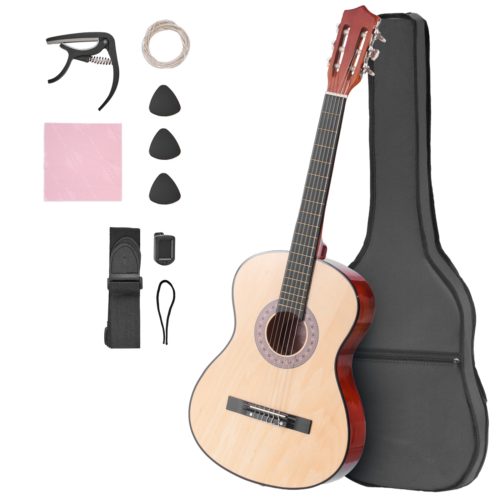 Classical Guitar, 38 Inch, Wood Classical Guitar Starter Kit for Beginners, with Nylon Strings, Gig Bag, Strap, Tuner, Extra Strings, Pick, Capo, Basswood, for Teenagers Adults Students, Natural