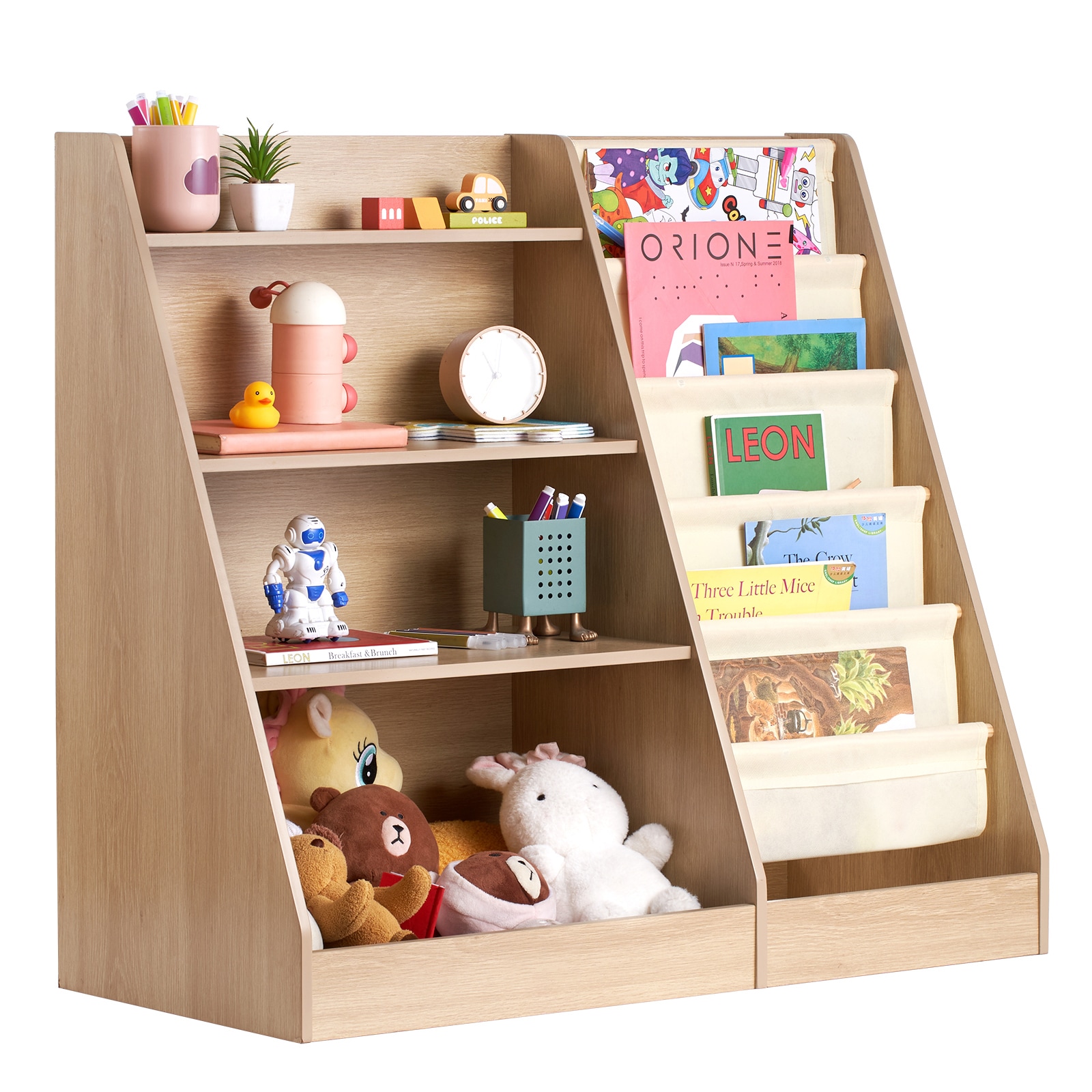 Wooden Kids Bookshelf 4-Tier, Toy Storage Organizer for Toddler, Book Shelf for Kids Rooms with 6-Layer Sling Book Rack, Baby Book Storage Shelves for Kids Room, Playroom, Kindergarten, Nursery