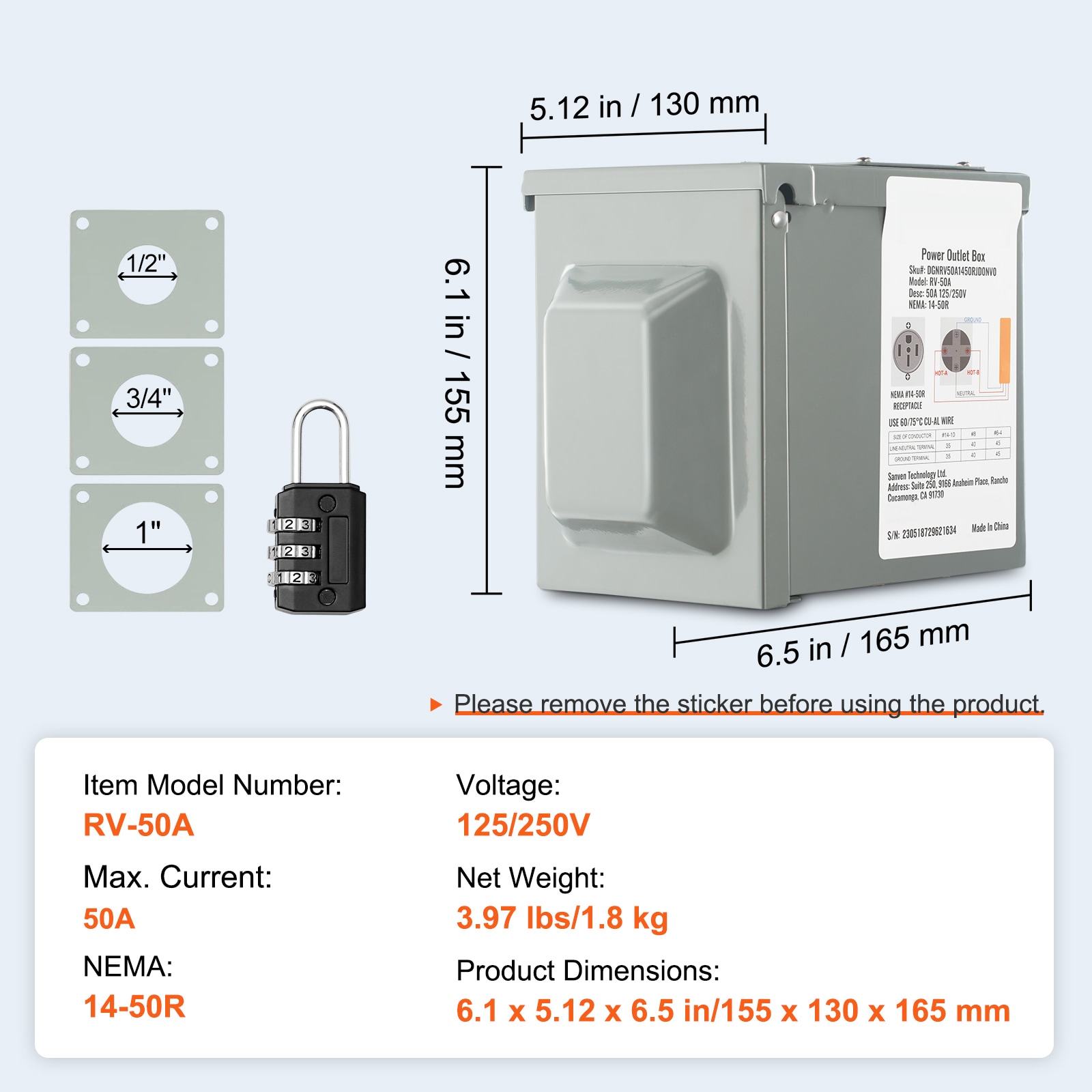 50 Amp RV Power Outlet Box, 125/250 Volt, Enclosed Lockable Outdoor RV Receptacle Box, NEMA 14-50R Weatherproof Electrical Panel, for RV Camper Trailer Motorhome Tested to UL Standards