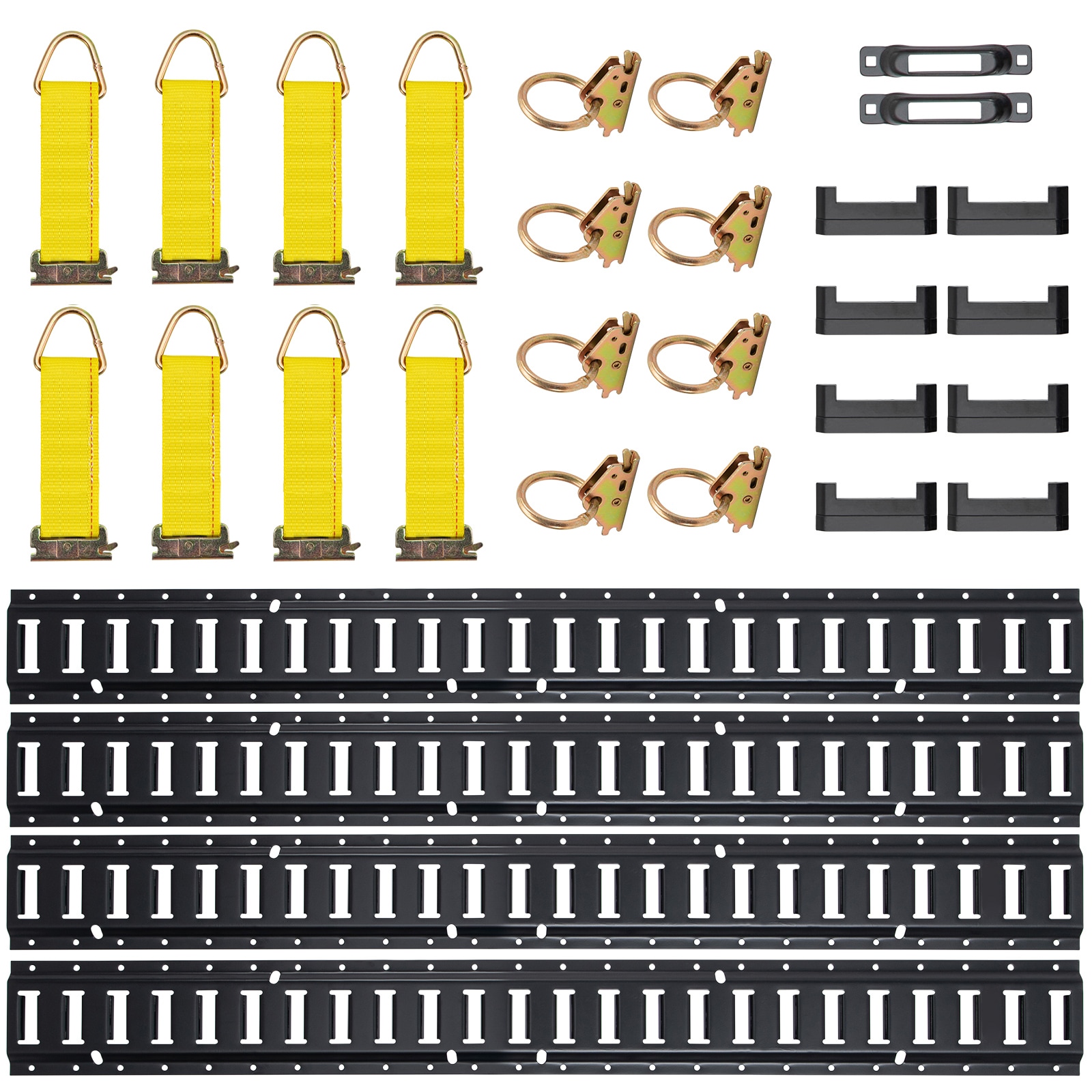 E Track Tie-Down Rail Kit, 30PCS 5FT E-Tracks Set Includes 4 Steel Rails & 2 Single Slot & 8 O Rings & 8 Tie-Offs w/D-Ring & 8 End Caps, Securing Accessories for Cargo, Motorcycles, and Bikes