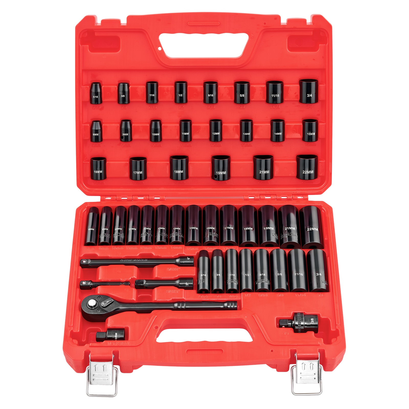 3/8 in Drive Impact Socket Set, 50 Piece, 6 Point Deep & Shallow Impact Sockets, SAE (5/16 in to 3/4 in) and Metric (8 to 22 mm) Sizes with 3 in & 6 in Extension Bars, Cr-V Steel, Carrying Case