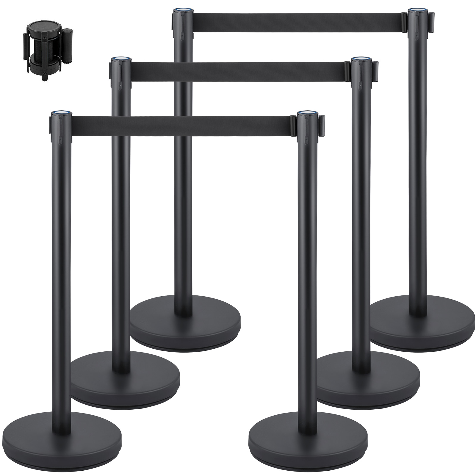 Crowd Control Stanchion, Set of 6 Pieces Stanchion Set, Stanchion Set with 6.6 ft/2 m Black Retractable Belt, Black Crowd Control Barrier w/Concrete and Metal Base - Easy Connect Assembly