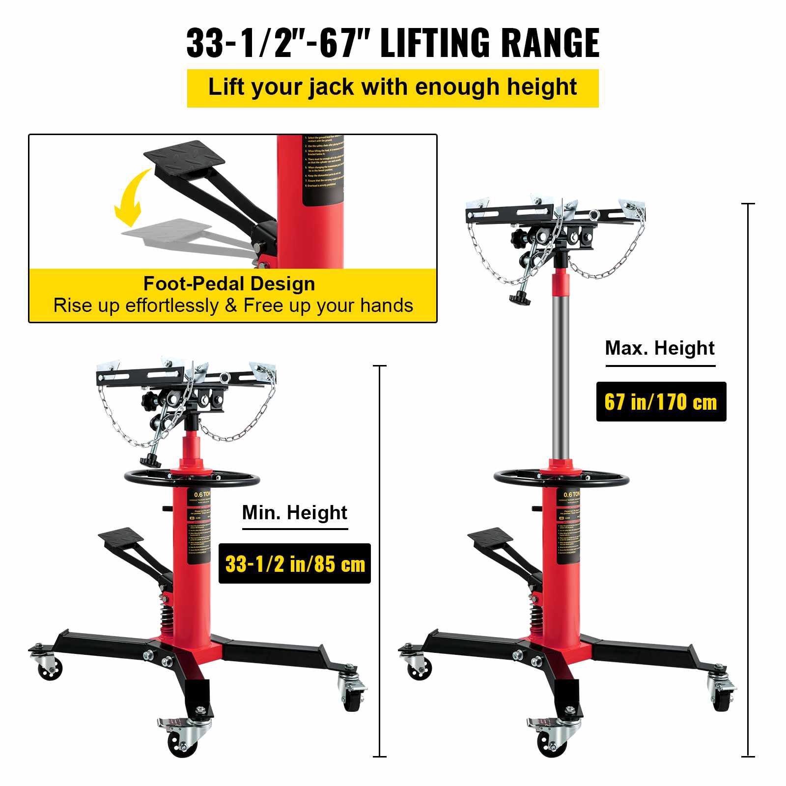 Transmission Jack,3/5 Ton/1322 lbs Capacity Hydraulic Telescopic Transmission Jack, 2-Stage Floor Jack Stand with Foot Pedal, 360° Swivel Wheel, Garage/Shop Lift Hoist, Red
