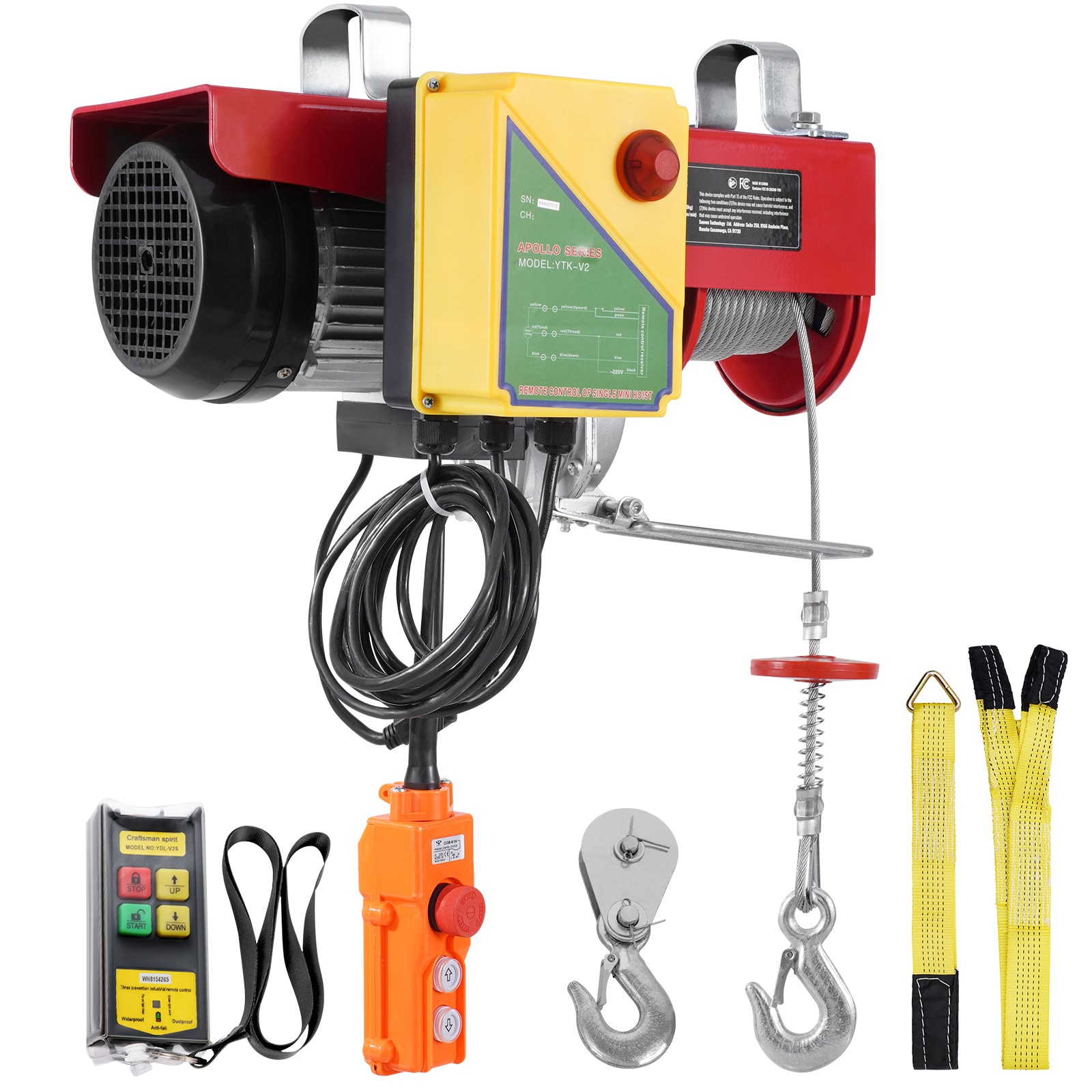 Electric Hoist Crane Winch 2200 lbs 328 ft Wireless & 14 ft Wired Remote