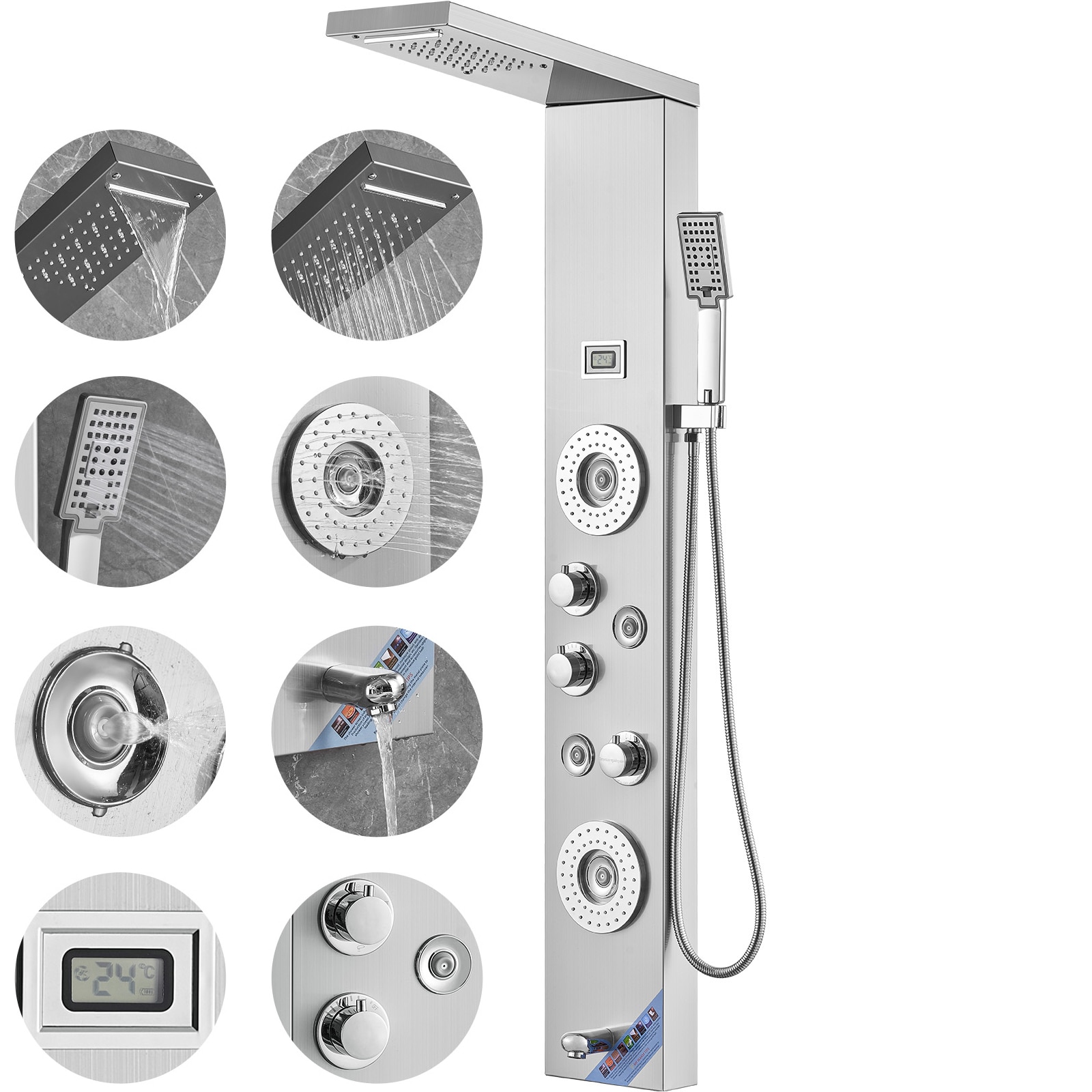 Shower Panel System, 6 Shower Modes, LED & Display Shower Panel Tower, Rainfall, Waterfall, 4 Body Massage Jets, Tub Spout, Handheld Shower Head 59