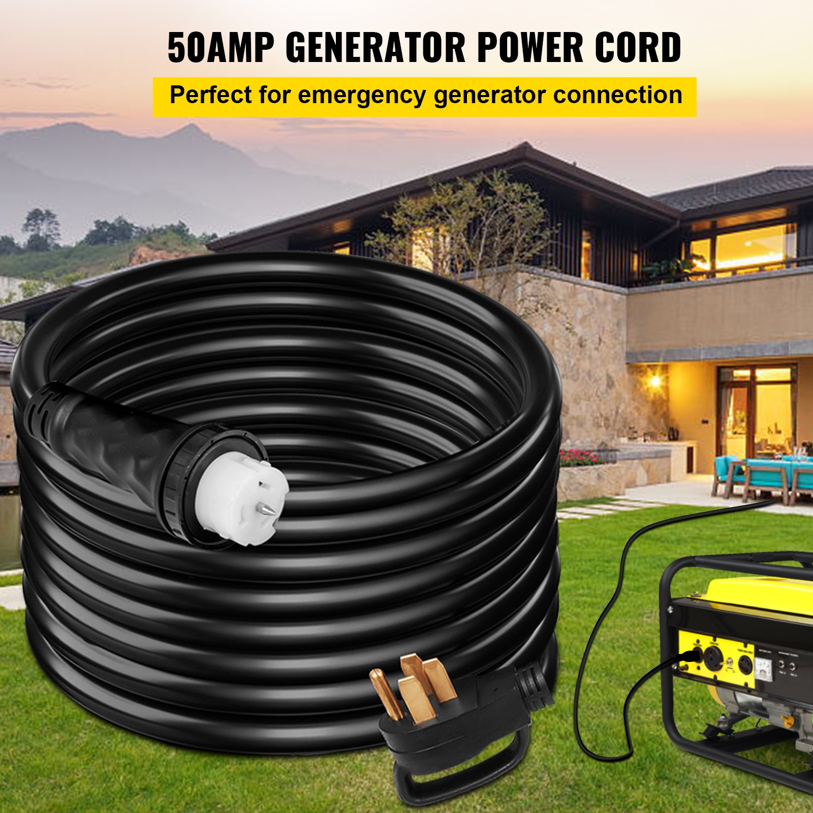 20Ft 50 Amp Generator Extension Cord STW 6/3 + 8/1 Generator Cord 125V 250V Generator Power Cord N14-50P & SS2-50R & CS6364 Twist Lock Connectors