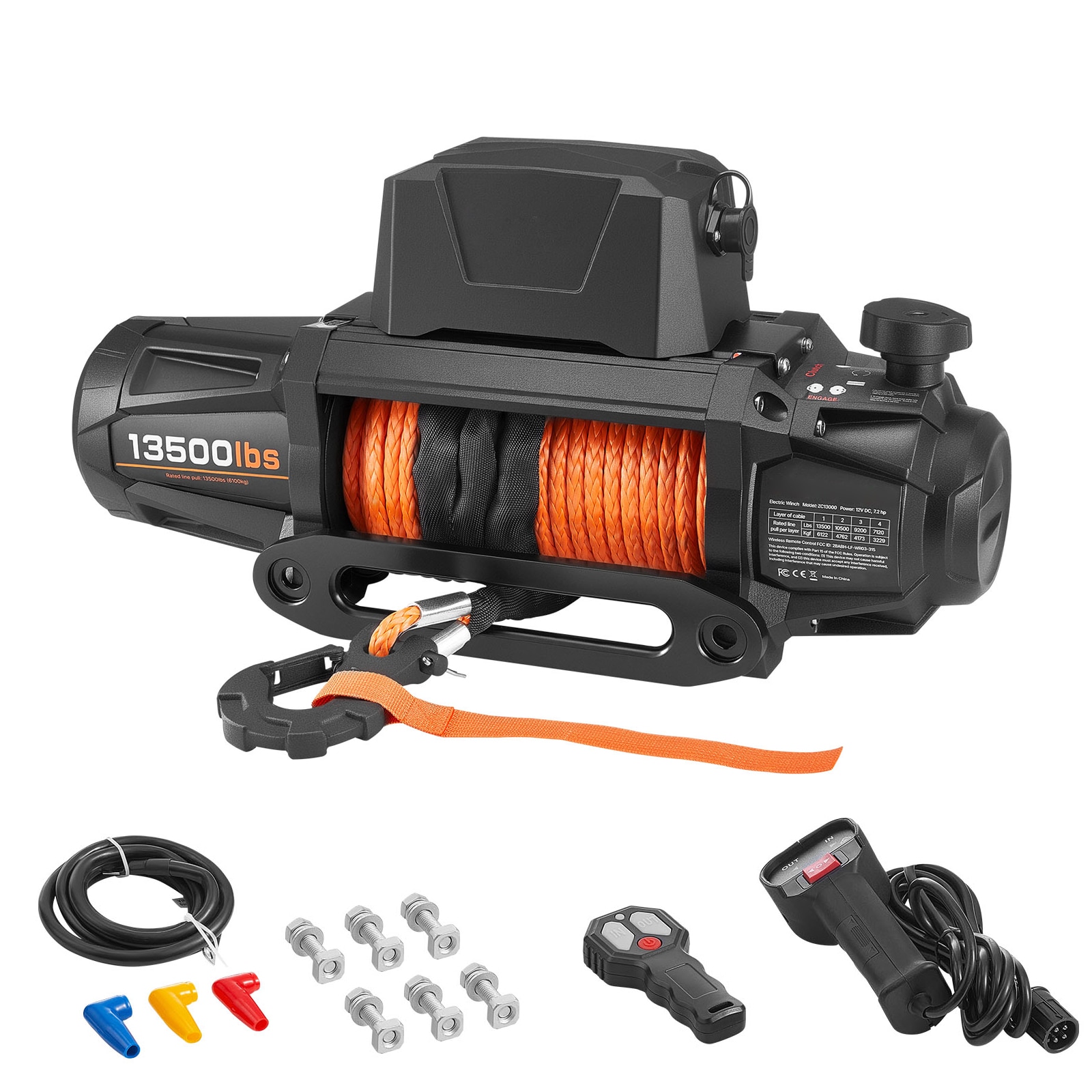 Electric Winch, 13500 lbs Load Capacity, 12V DC Truck Winch with 3/8 in x 92 ft Synthetic Rope, Wireless & Wired Remote Control, IP67 Waterproof for Towing Off-Road SUV, Jeep, Trailer, Boat