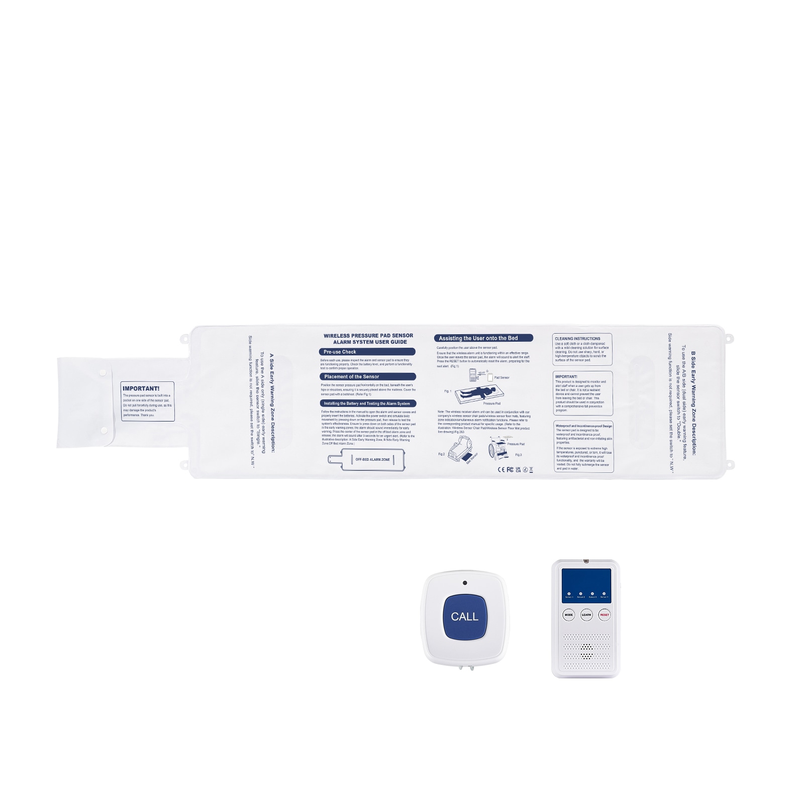 Early Alert Bed Alarm System Wireless Bed Sensor Pad with Call Button & Pager