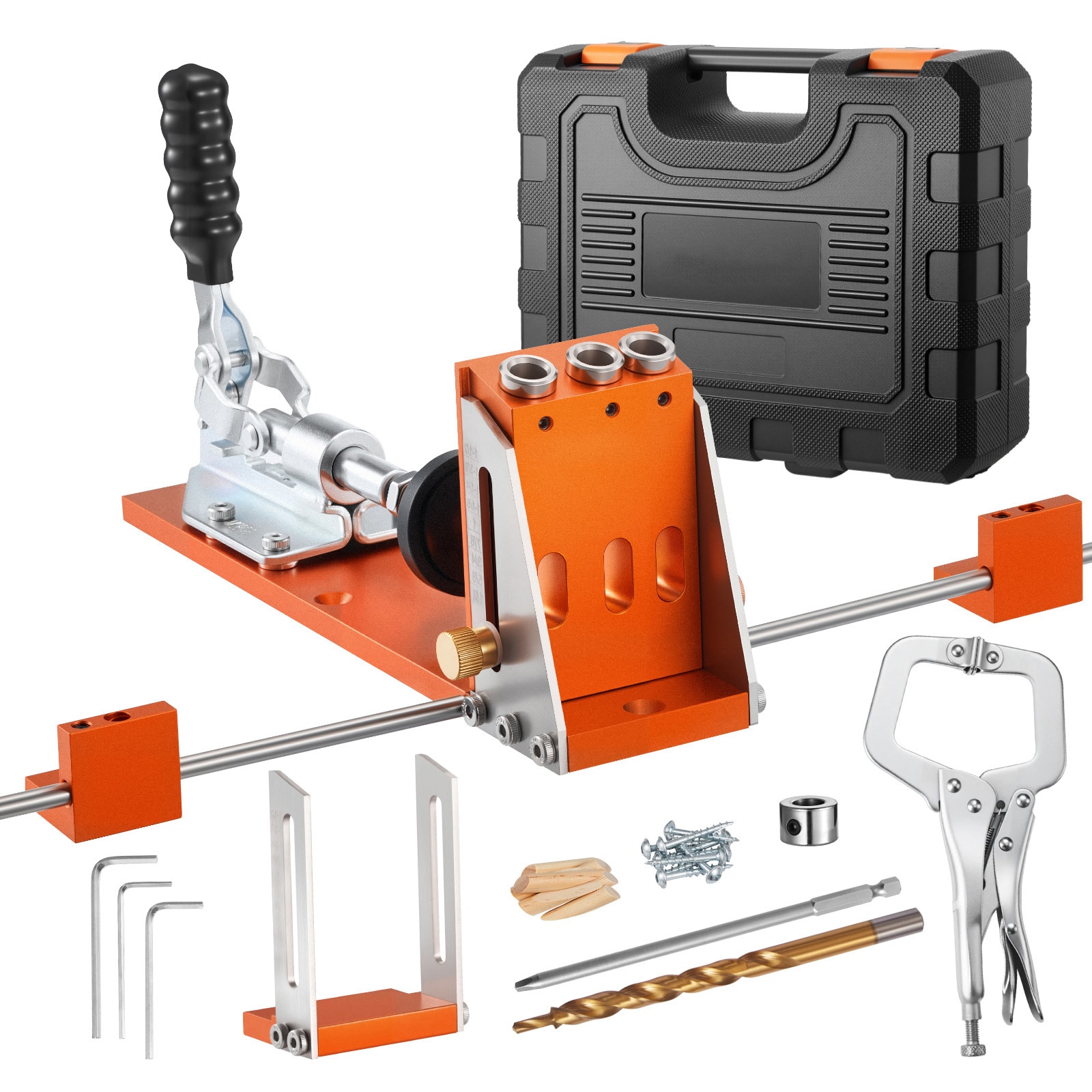 Pocket Hole Jig Kit, 1/2 to 1-1/2 in Adjustable, Jig Pocket Hole System with Toolcase, C-Clamp, Step Drill, Hex Wrench, Drill Stop Ring, Square Drive Bit, Reinforced Metal Frame, for Woodworking