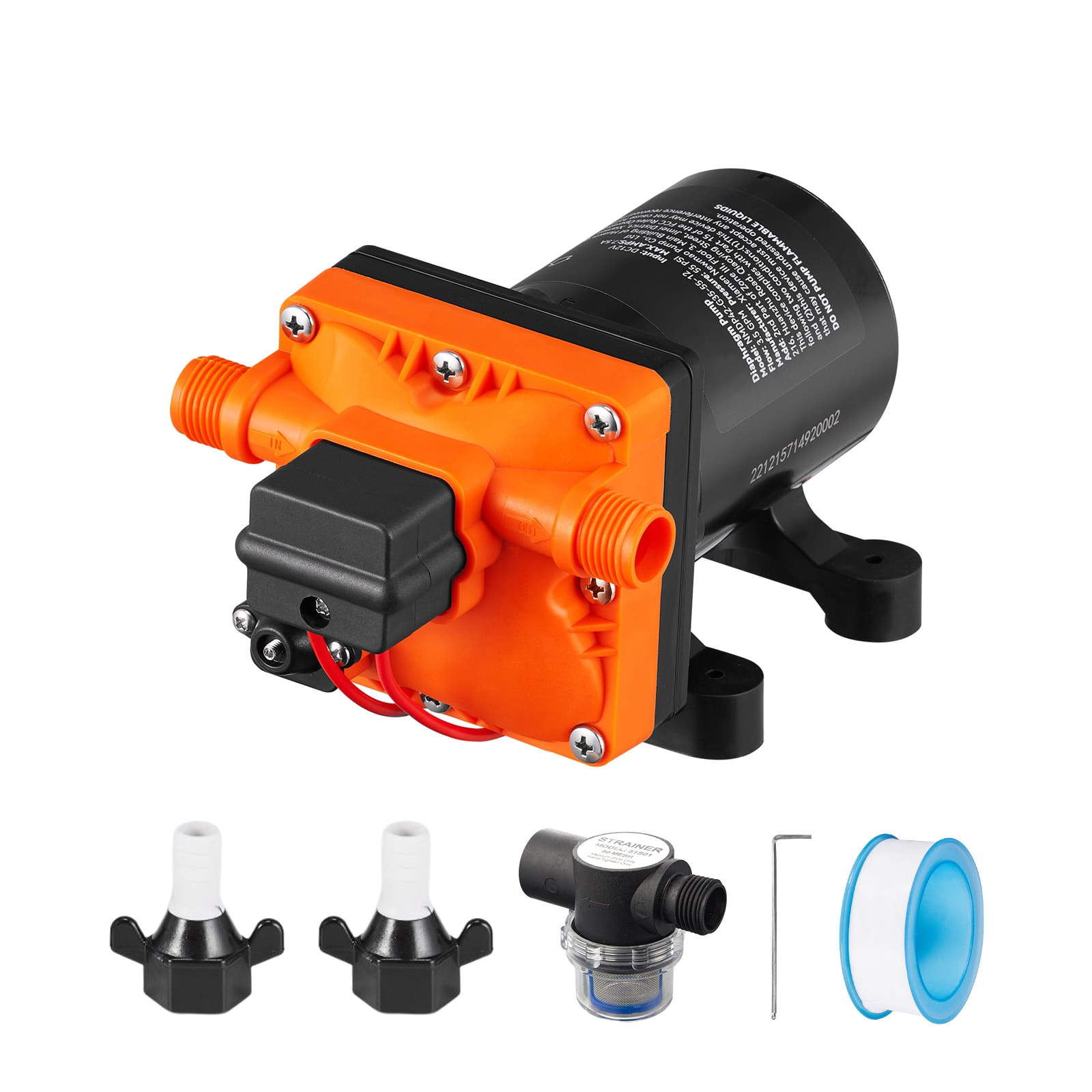 Water Diaphragm Pump, 12V DC, 3.5 GPM Flow, 55 PSI Rated Pressure (40-80 PSI Adjustable), 1/2