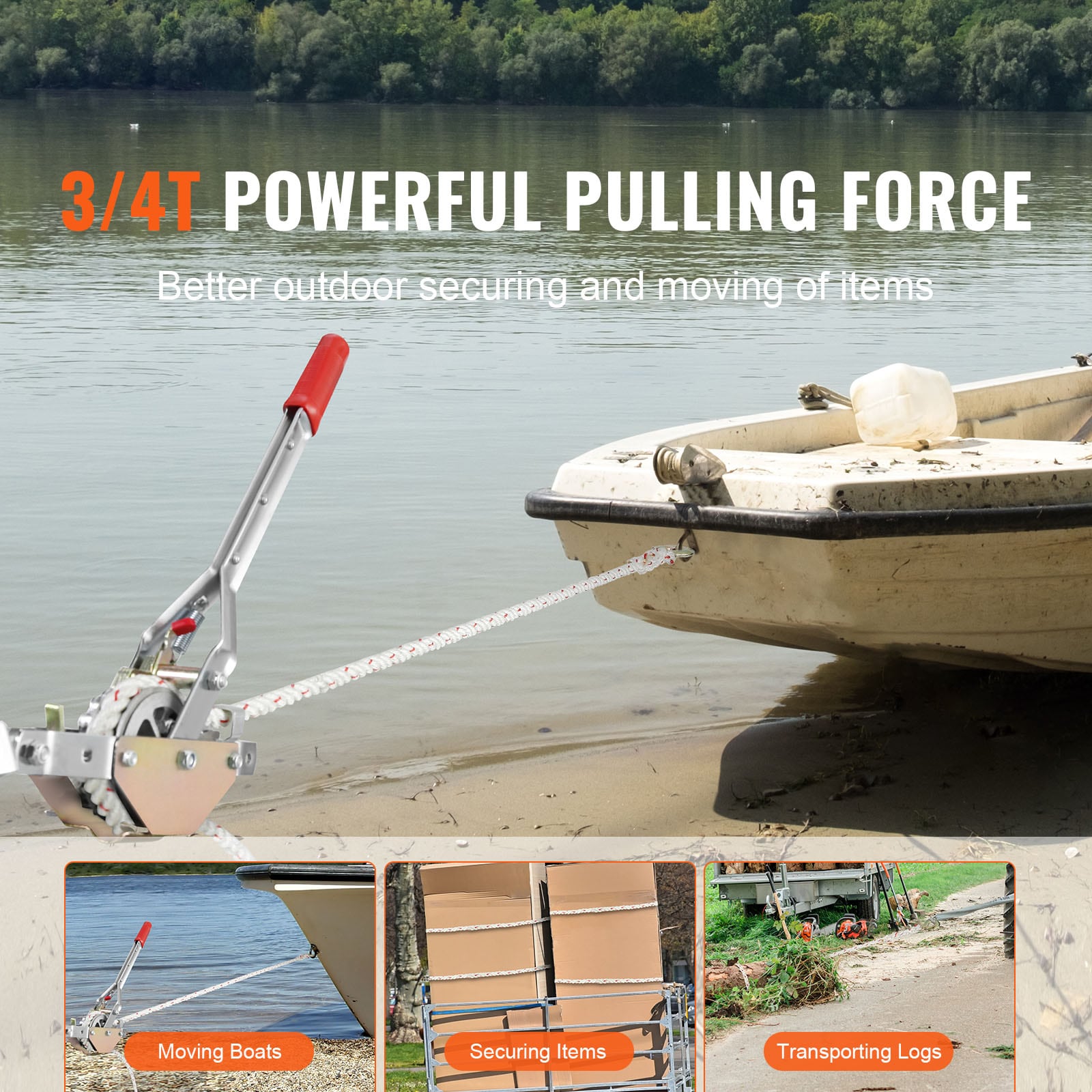 Rope Puller, 3/4 Ton (1,653 lbs) Pulling Capacity, with 100' of 0.6