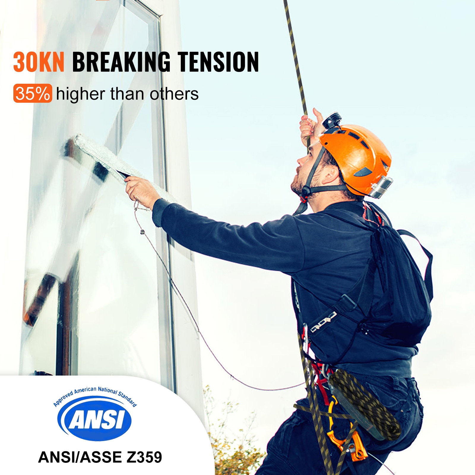 Vertical Lifeline Assembly, 0.55'' x 25' Fall Protection Rope with 30 KN Breaking Tension, Polyester Roofing Rope with Steel Snap Hooks, Rope Grab, and Shock Absorber, ANSI Compliant