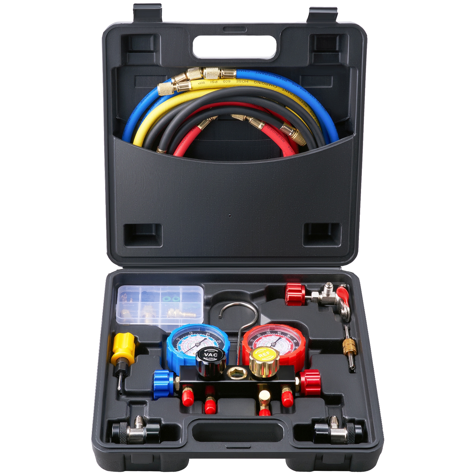 4 Way AC Gauge - AC Manifold Gauge Set for R134A R22 R12 R410A Refrigerant, Freon Gauges with 5ft Hoses, Couplers, Can Tap Works on Car Auto Freon Charging and Evacuation