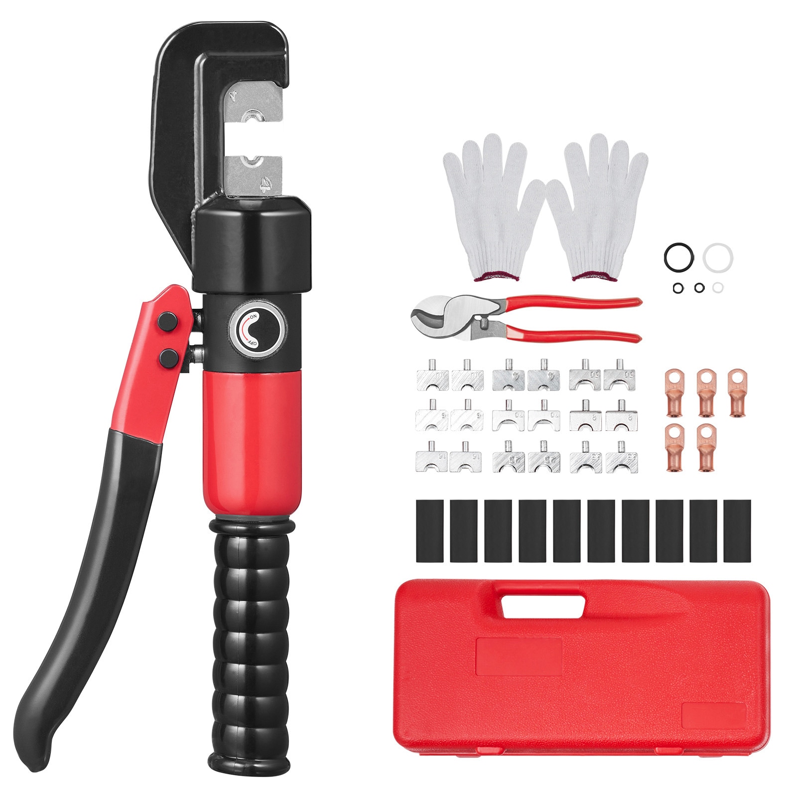 Hydraulic Crimping Tool with 9 Sets of Dies AWG12-2/0 Copper And Aluminum Terminal Battery Lug Crimper, with a Cutting Pliers, Gloves, 10pcs Copper Ring Connectors, 8pcs Heat Shrink Sleeves
