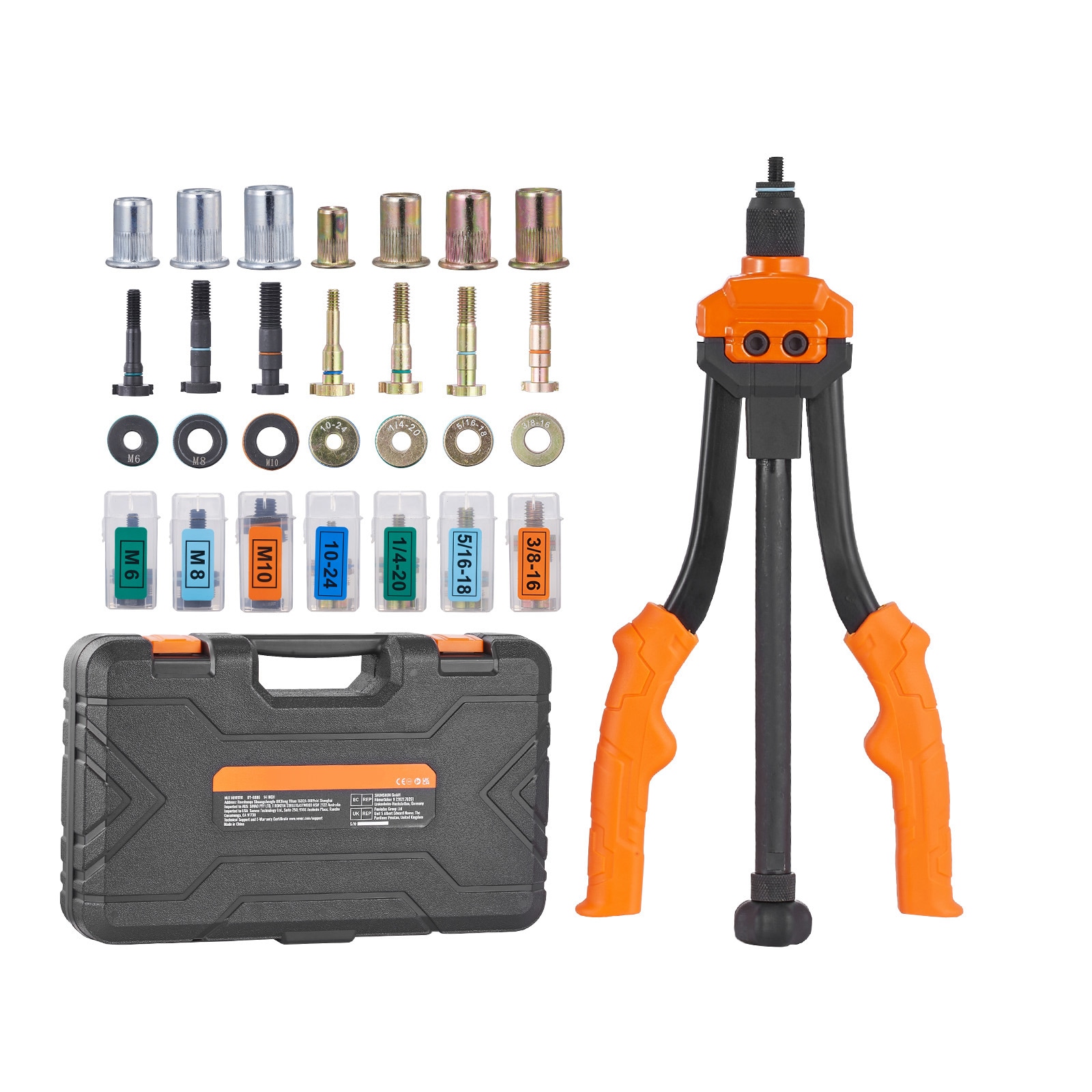 Rivnut Tool, 14-inch Rivnut Tool Kit with 7 Metric and SAE Mandrels, 70 Assorted Rivet Nuts (10-24, 1/4-20, M6, 5/16-18, M8, 3/8-16, M10), Comes with a Durable Carrying Case.