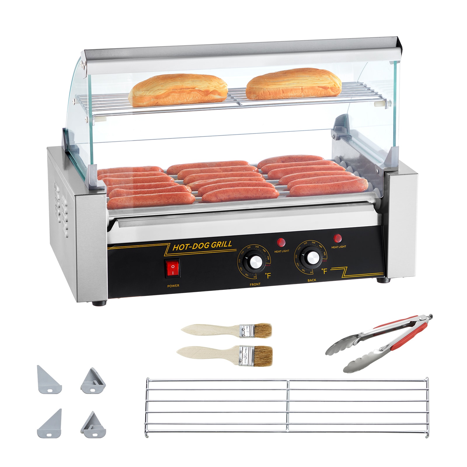 Hot Dog Roller 7 Rollers 18 Hot Dogs Capacity 1050W Stainless Sausage Grill Cooker Machine with Dual Temp Control Glass Hood Acrylic Cover Bun Warmer Shelf Removable Oil Drip Tray, ETL Certified