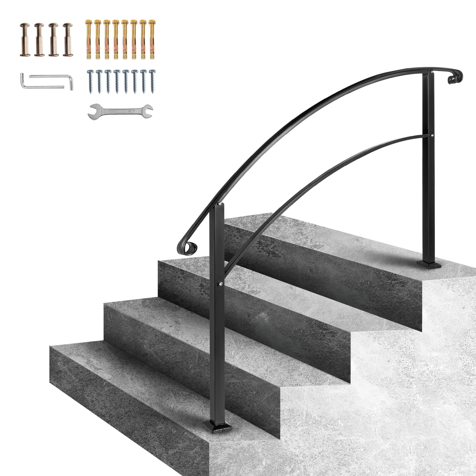 4-Step Handrail Fits 1 or 4 Steps Matte Black Stair Rail Wrought Iron Handrail with Installation Kit Hand Rails for Outdoor Steps
