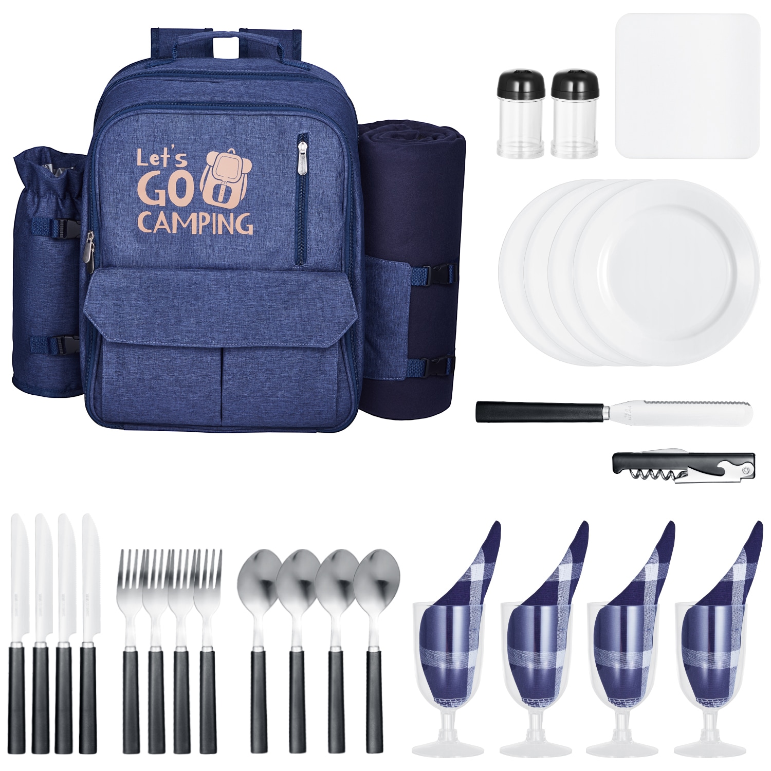 Beach Picnic Backpack Bag for 4 Person with Cooler Compartment Navy Blue