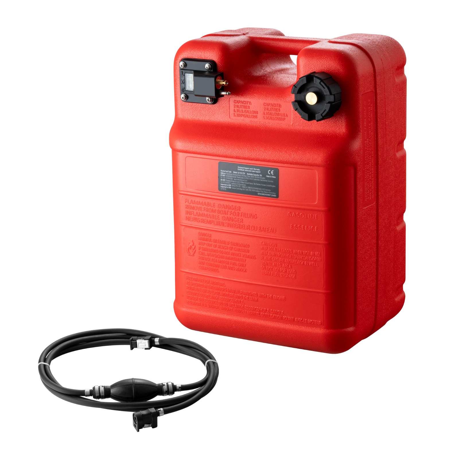Marine Fuel Tank, 6.34 Gallon/24L, Portable Boat Fuel Gas Tank for Outboard Engine Boats, Plastic Outboard Marine Boat Fuel Tank with Hose, Easy to Carry for Yacht, Fishing Boat, Deck Boat, Red