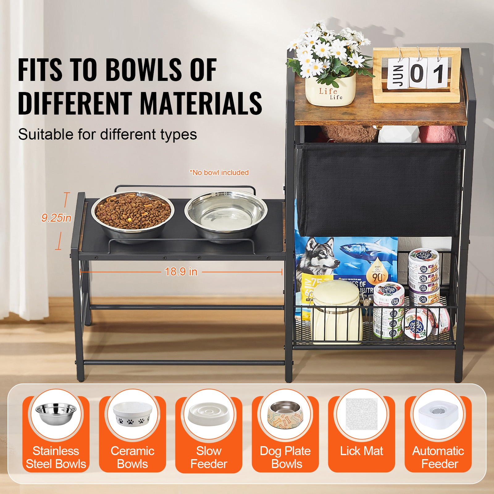 Pet Feeding Station with Storage Dog Food & Toy Organizer Raised Dog Bowls