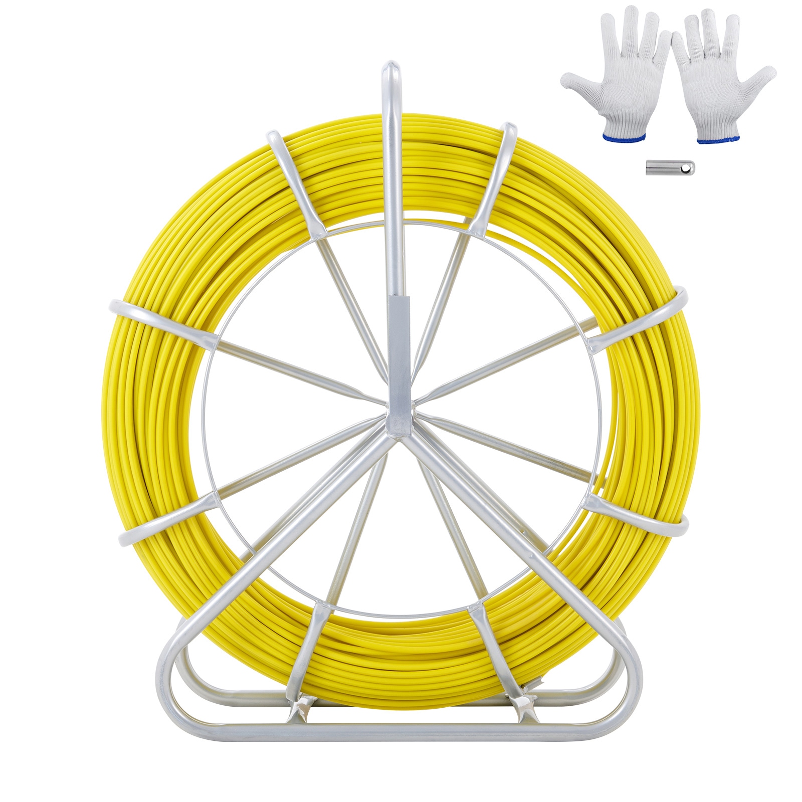 Fish Tape Fiberglass, 656 ft, 1/4 inch, Duct Rodder Fishtape Wire Puller, Cable Running Rod with Steel Reel Stand, 3 Pulling Heads, Fishing Tools for Walls and Electrical Conduit, Non-Conductive