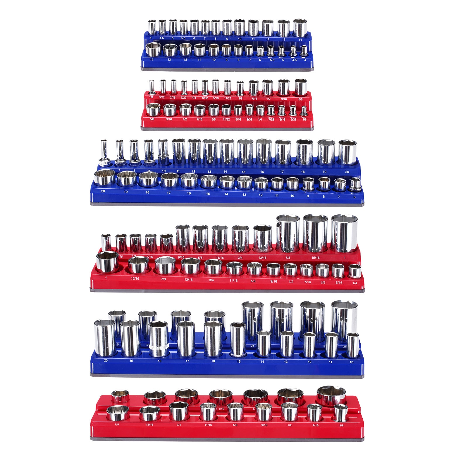 Magnetic Socket Organizer Set 6PCS Socket Trays Blue & Red for Metric SAE