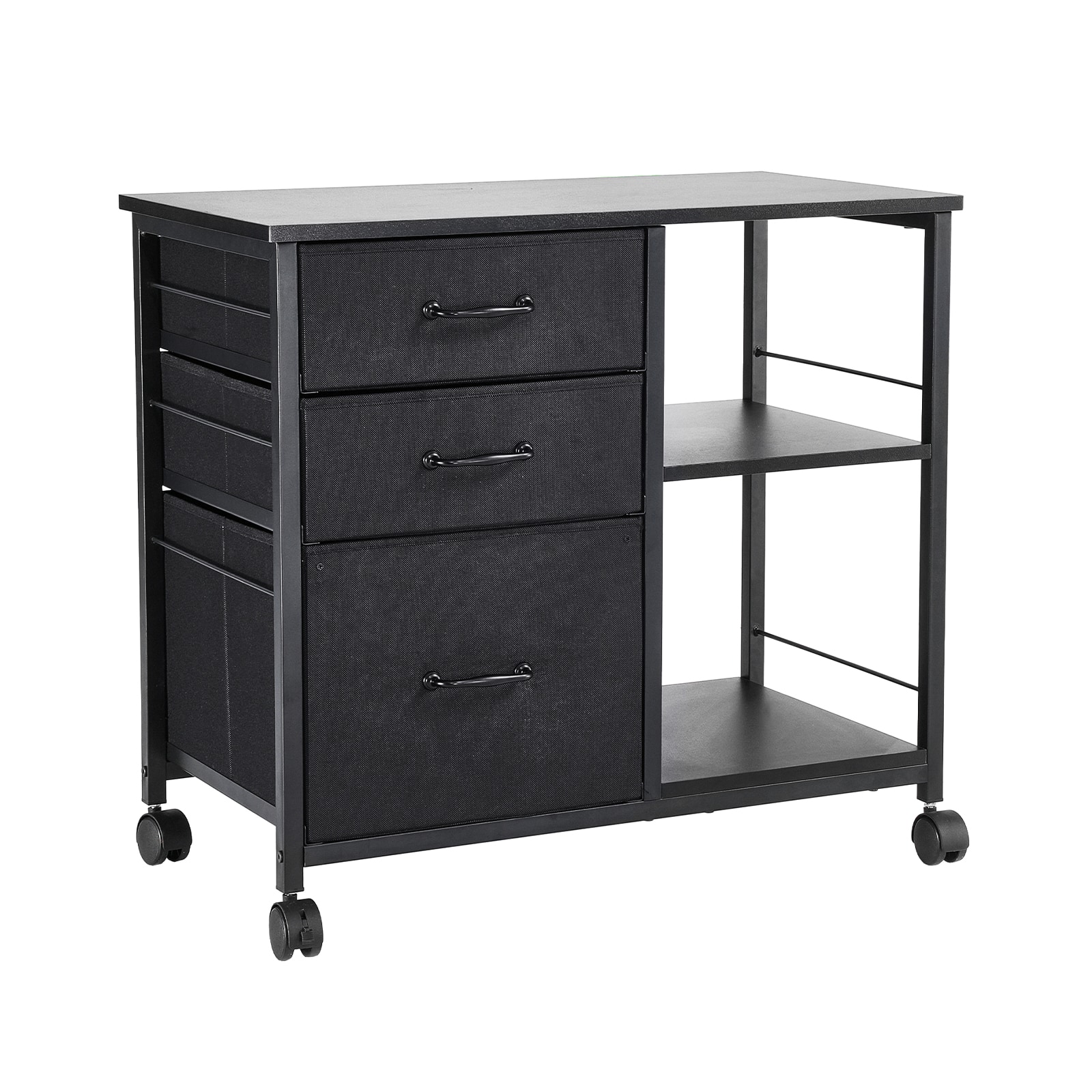 Mobile Metal File Cabinet with 3 Fabric Drawers and 2 Open Shelves Black